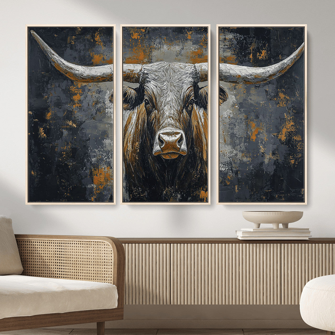 73972561-MGV-CV-36X24 - Bold Bull Wall Art Canvas – Striking Portrait with Wide Horns and Rich Brown Hues, Rustic Farmhouse and Western Decor for Home Room