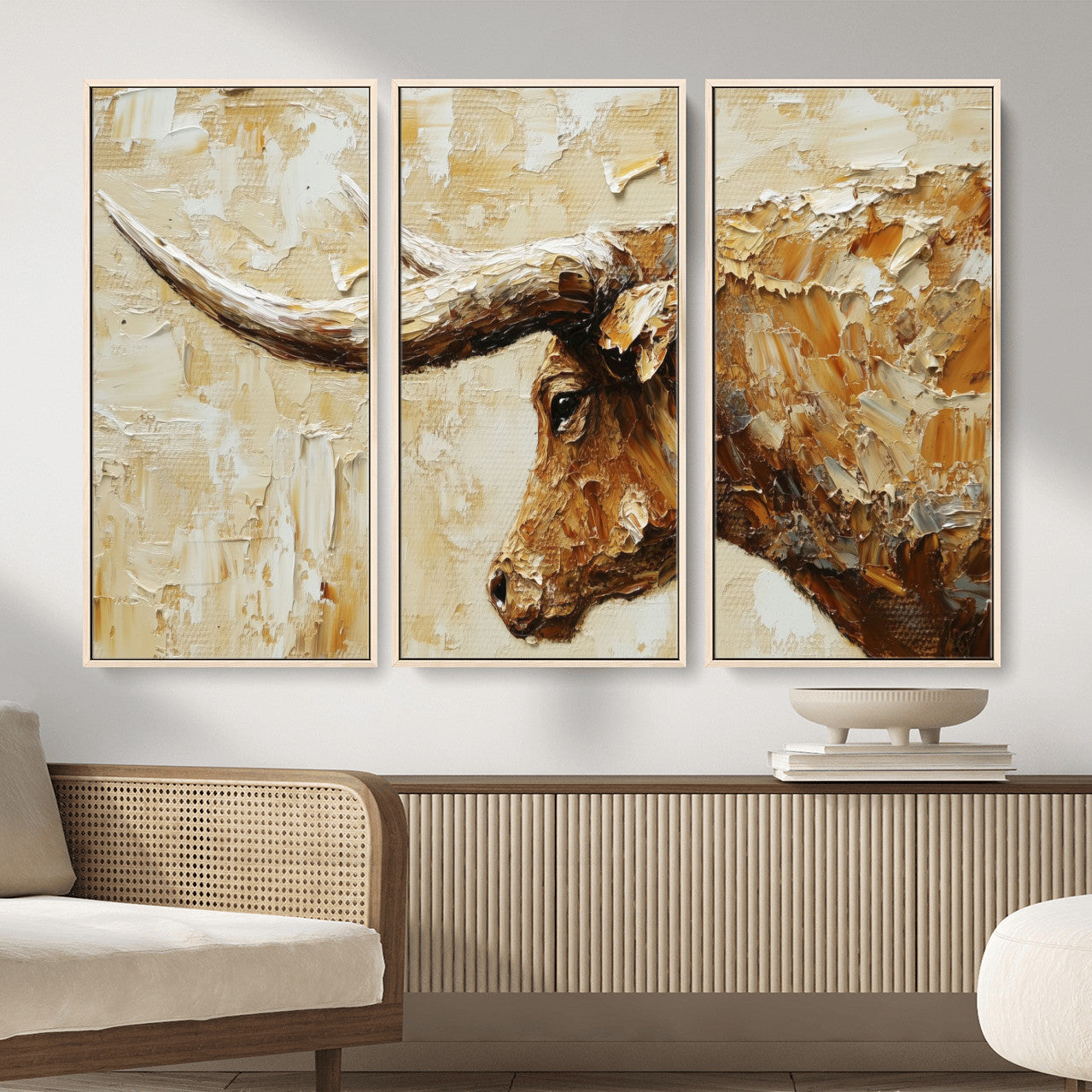 69611428-MGV-CV-36X24 - Rustic Longhorn Bull Wall Art Canvas Print – Vintage Western Cattle Painting, Texas Abstract Wall Cow Prints