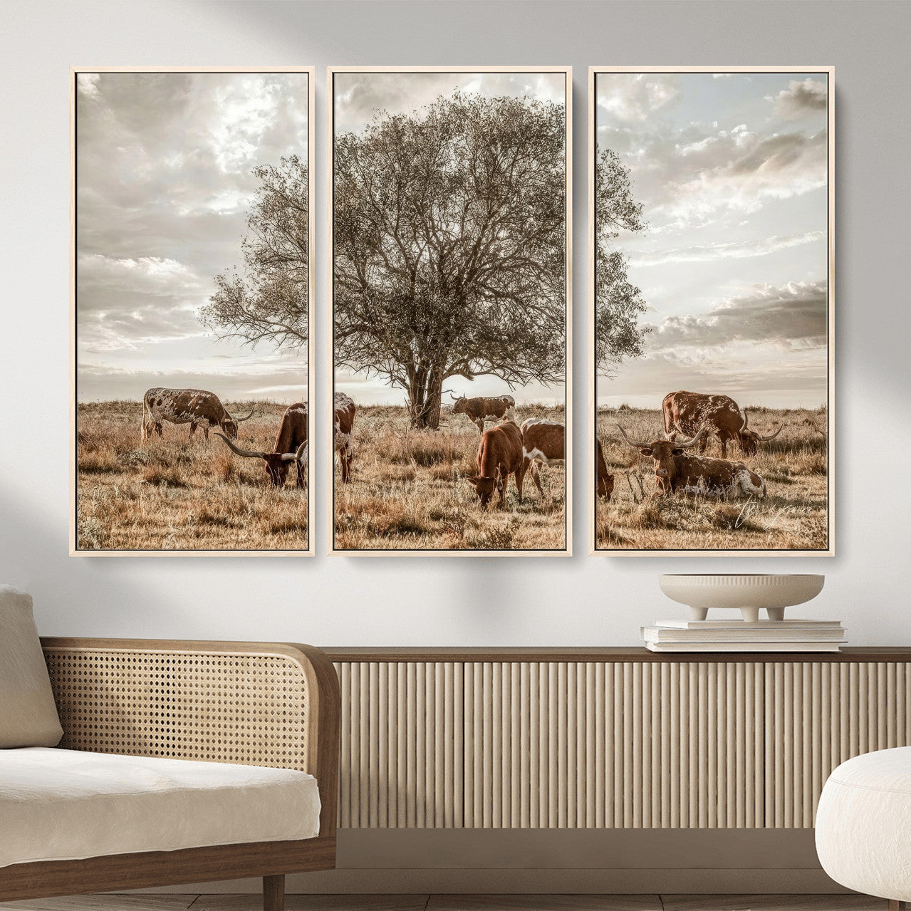 87590224-MGV-CV-36X24 - Texas Longhorn Cattle Wall Art Canvas Print – Rustic Western Ranch Scene with Steers at Sunset, Perfect for Farmhouse or Cowboy Decor