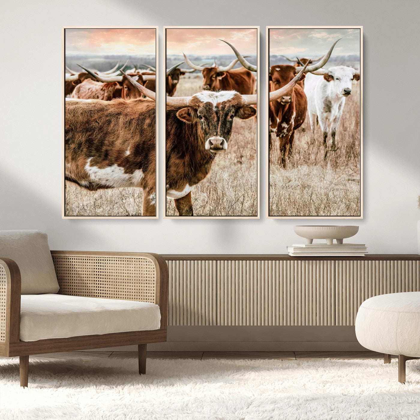 47758300-MGV-FC-48X32-3P_Natural-Texas Longhorn Cattle Wall Art Canvas Print – Rustic Western Ranch Scene with Steers Sunset for Home, Office