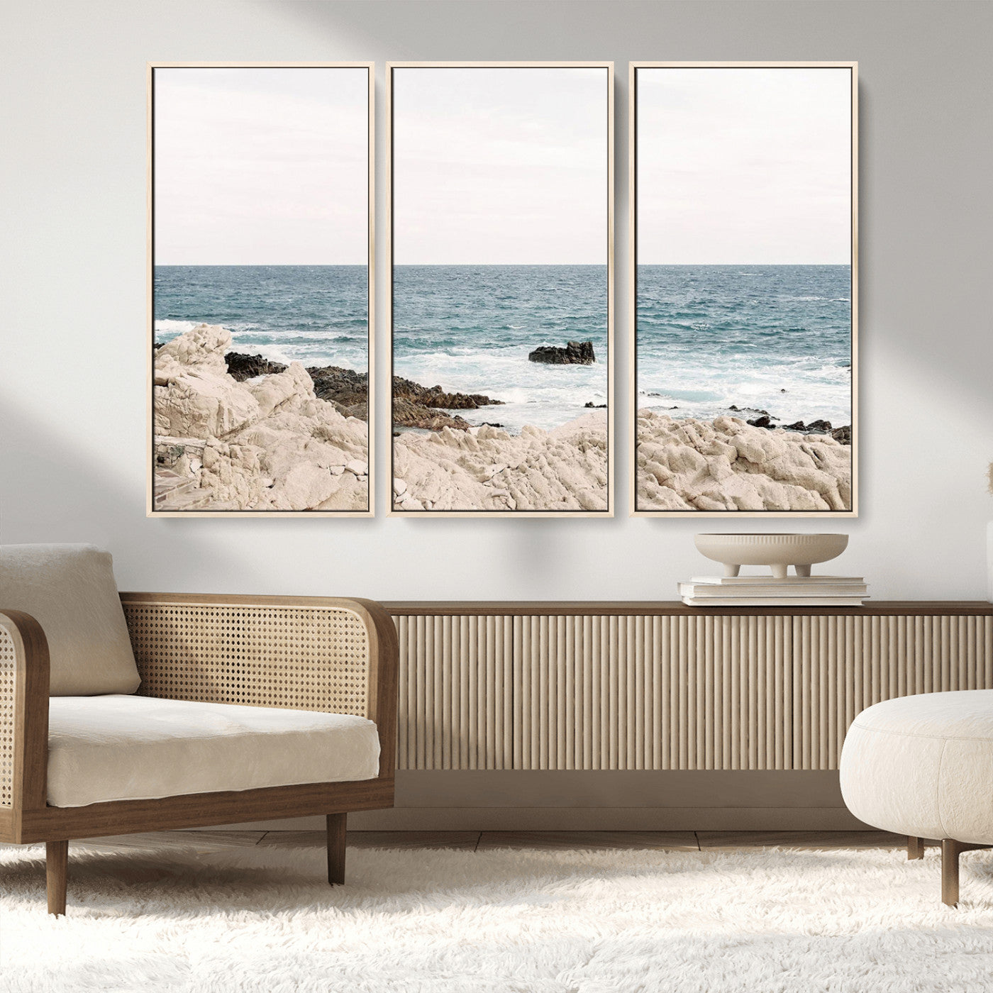25481980-MGV-FC-48X32-3P_Natural-Coastal Ocean View Wall Art Canvas Print – Serene Rocky Shoreline and Blue Sea Photography for Home, Office