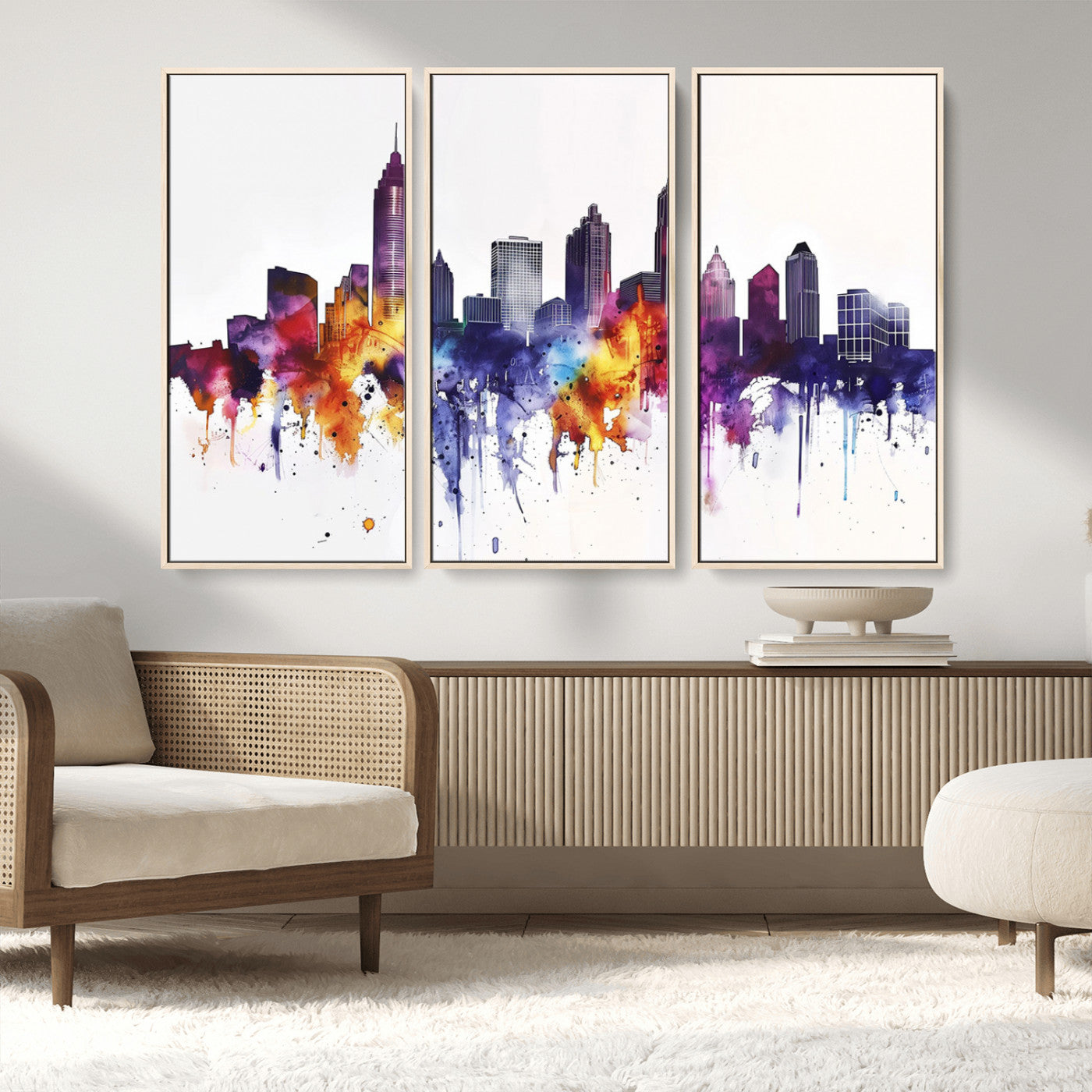 34479880-MGV-FC-48X32-3P_Natural-Atlanta Skyline Wall Art Canvas Print – Framed Colorful Watercolor Cityscape Artwork for Home, Office, Living Room