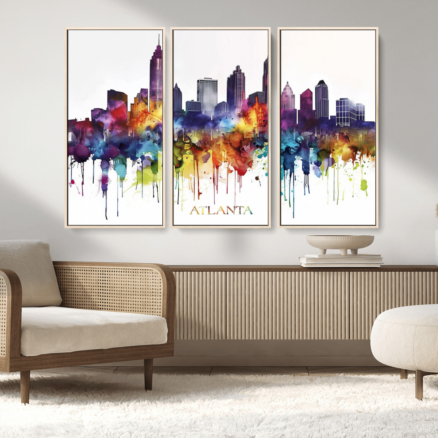 36048320-MGV-CV-36X24-Atlanta Skyline Wall Art Canvas Print – Framed Colorful Watercolor Cityscape Abstract Urban Artwork for Home, Office