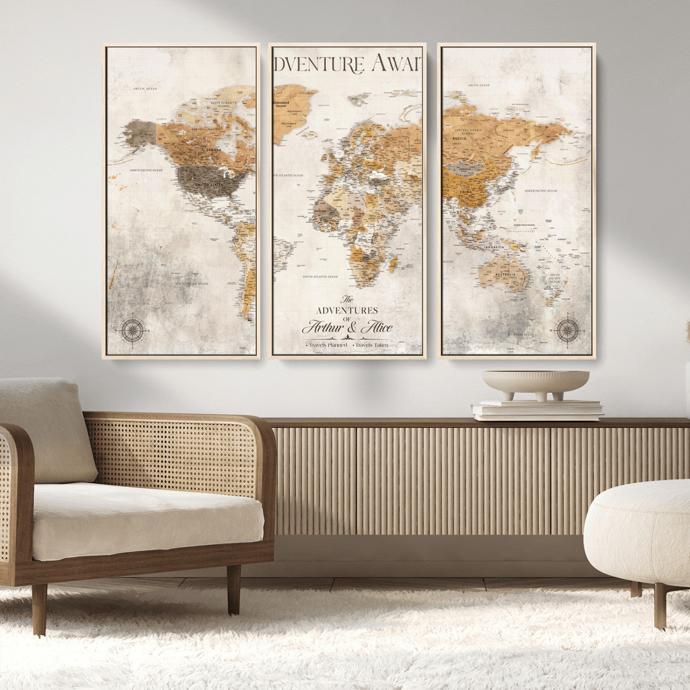 Rehber01-MGV-CV-36X24-Personalized World Map Canvas Print – Custom Push Pin Travel Map Vintage Neutral Style Gift for Couples Travelers for Home Office