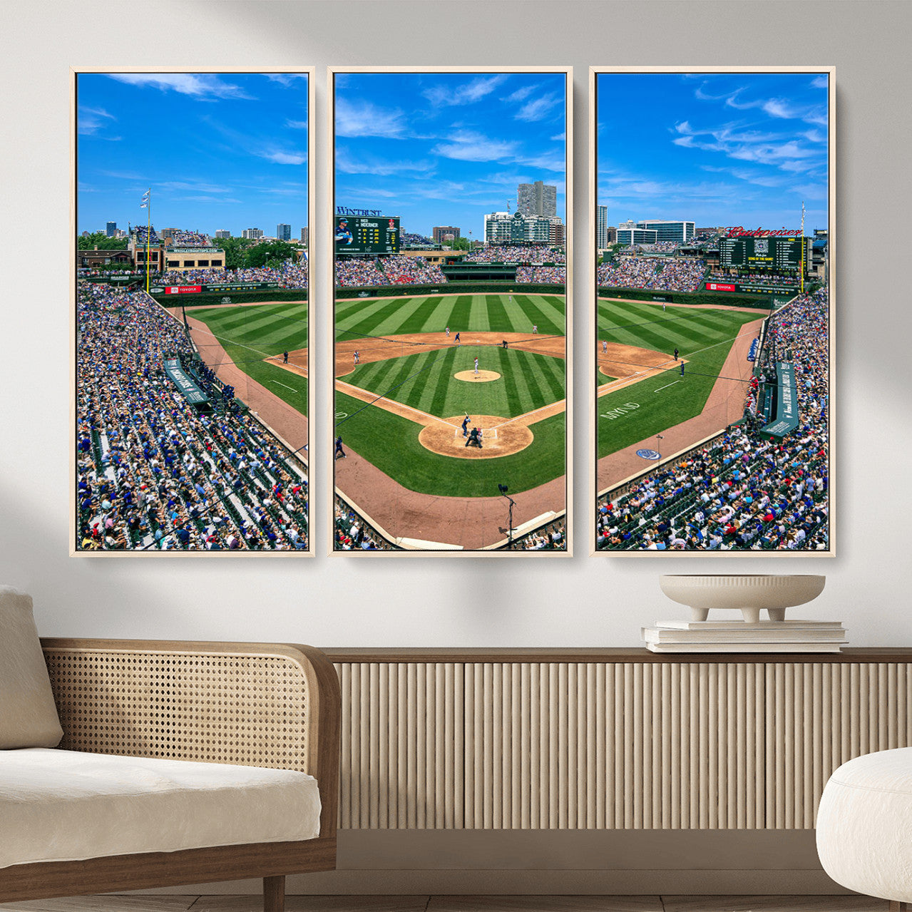 35800083-MGV-FC-48X32-3P - Wrigley Field Baseball Stadium Canvas Wall Art – Packed Crowd Sports Stadium City Skyline Artwork for Home Office