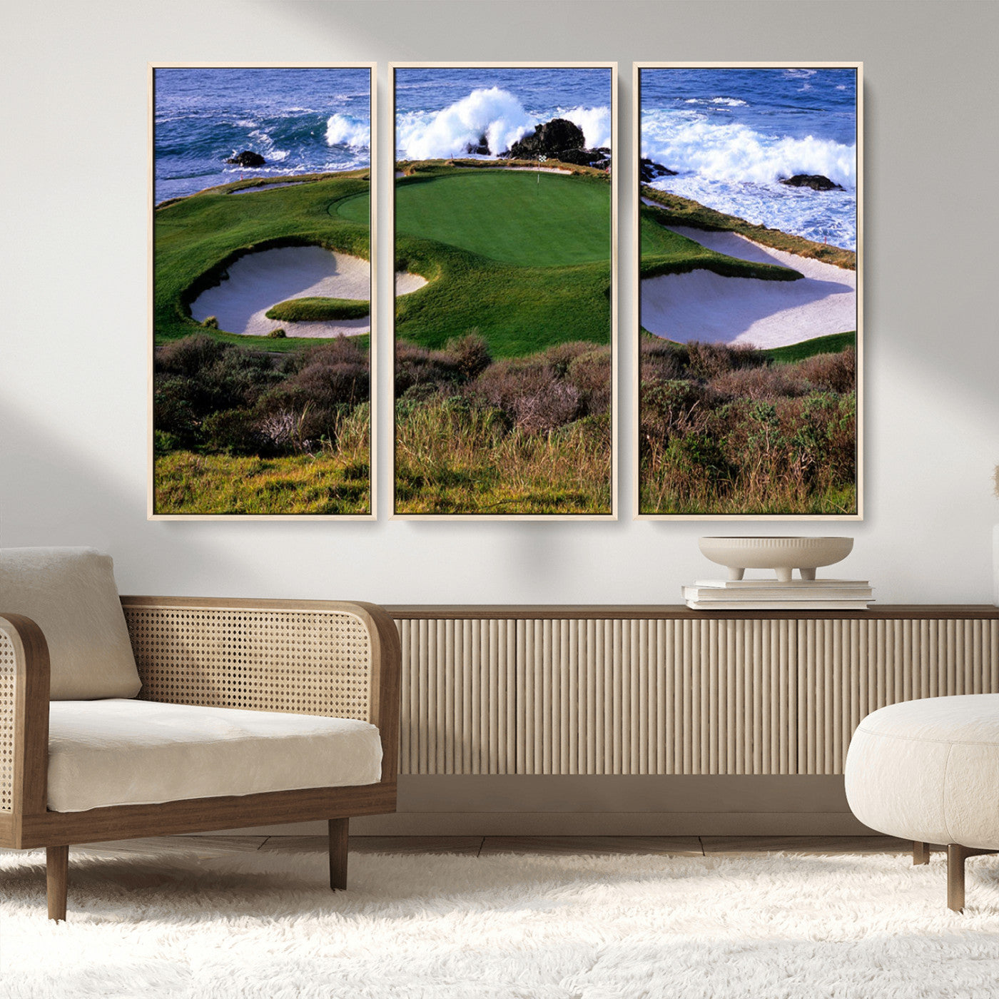 22776914-MGV-CV-36X24-Ocean Cliff Golf Green Canvas Print – Framed Majestic Coastal Scene with Lush Green Artwork for Home, Office