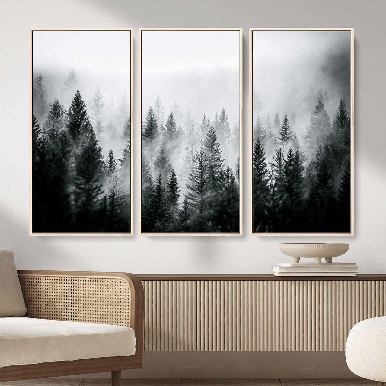 MGV-FC-48X32-3P - Foggy Pine Forest Canvas Wall Art – Black and White Nature Landscape Print, Horizontal Canvas for