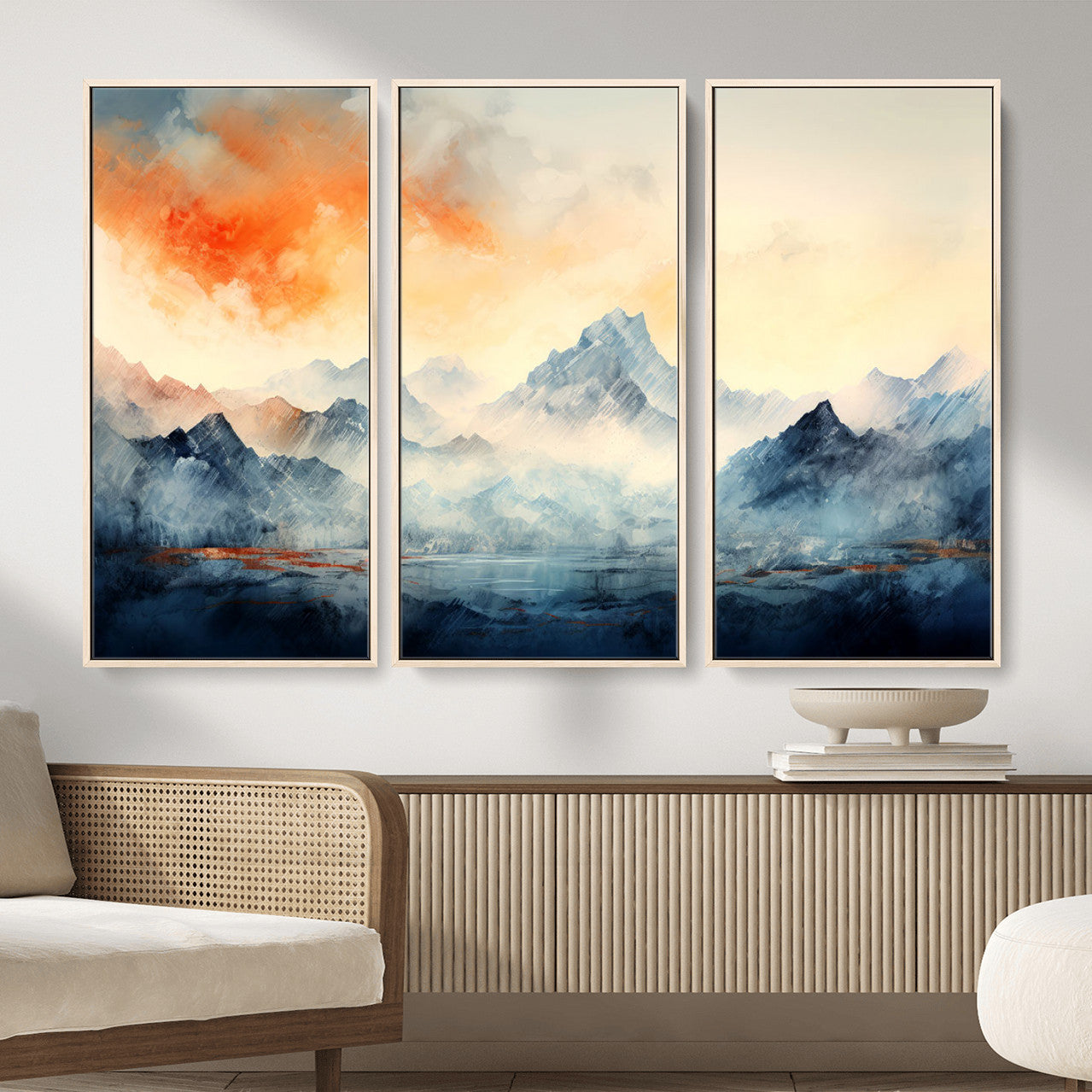 WRM1005-MGV-FC-48X32-3P - Warm Clouds Abstract Mountain Wall Art, Modern Landscape Canvas Print, Minimal Framed Artwork for Home, Office