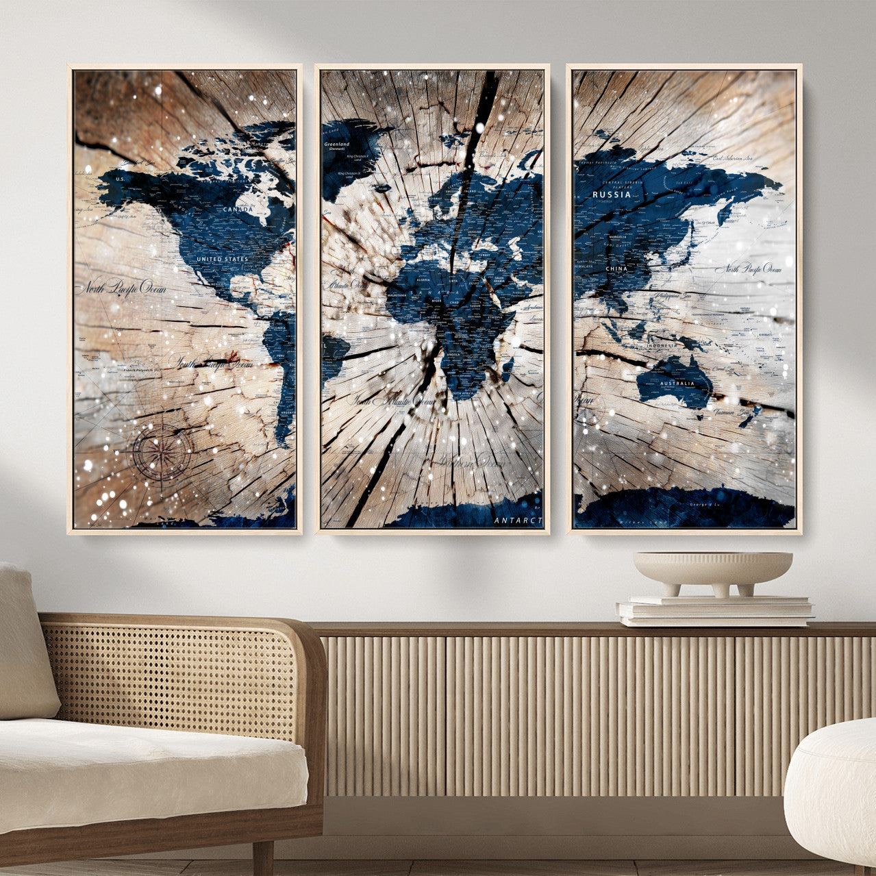 99001695-MGV-FC-48X32-3P - World Map Wall Art Canvas Print, Modern Decorative Framed Map Artwork Prints for Living Room, Office, Bedroom Wall Decor