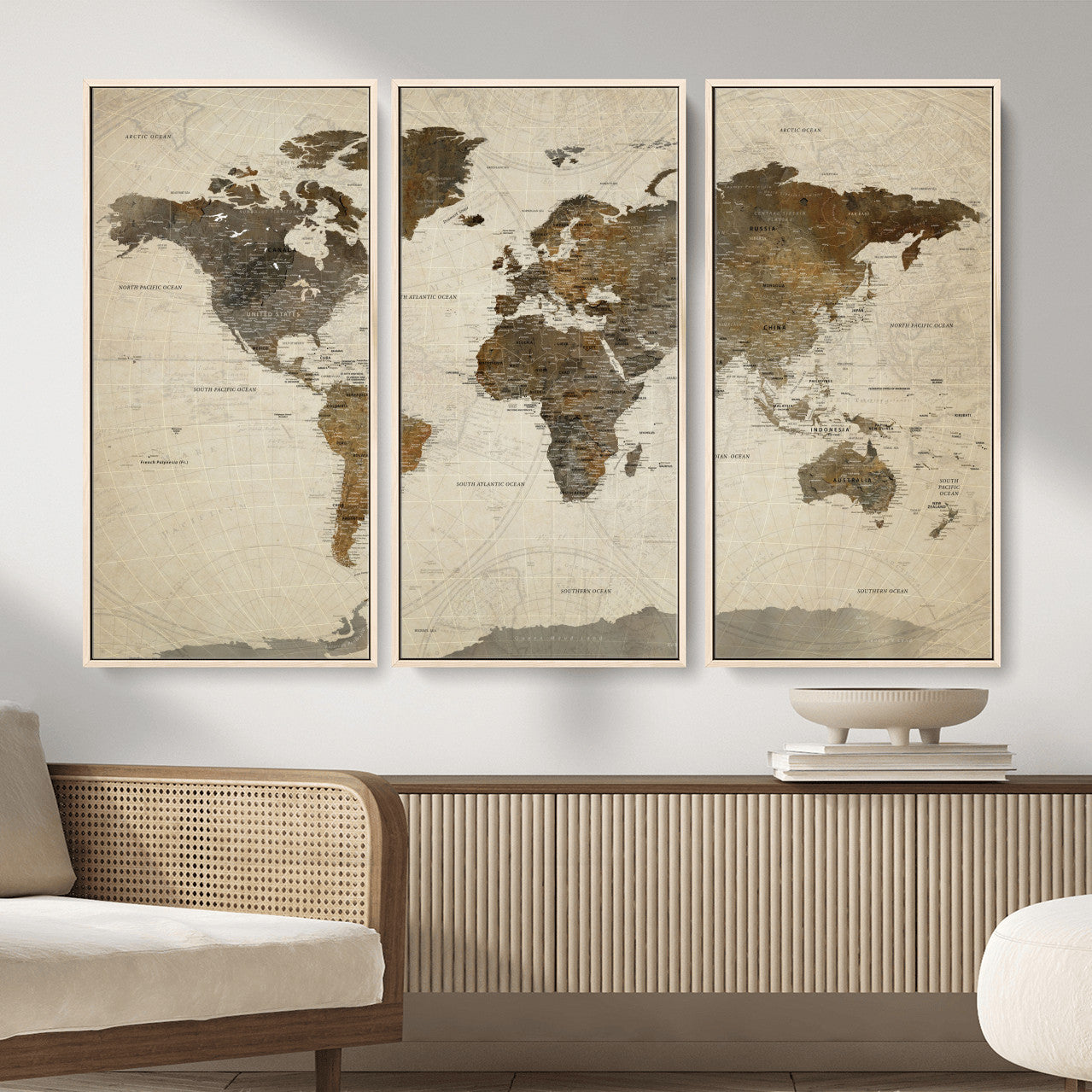 91849163-MGV-FC-48X32-3P - World Map Wall Art Canvas Print, Modern Decorative Framed Map Artwork Prints for Living Room, Office, Bedroom Wall Decor