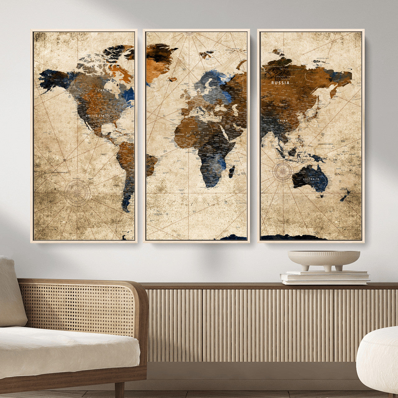 56297284-MGV-FC-48X32-3P - World Map Wall Art Canvas Print, Modern Decorative Framed Map Artwork Prints for Living Room, Office, Bedroom Wall Decor