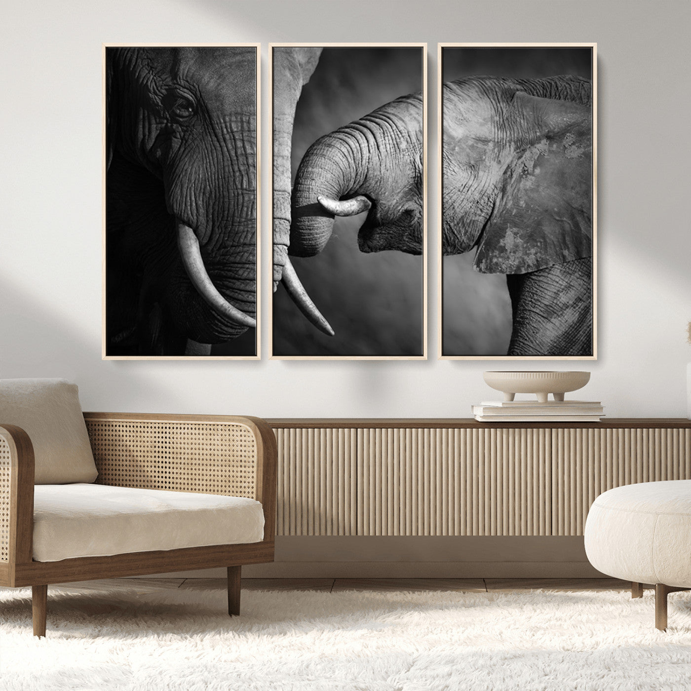 42691-MGV-FC-48X32-3P_Natural-Elephant Family Wall Art Canvas, Framed Elephant Family Canvas Print