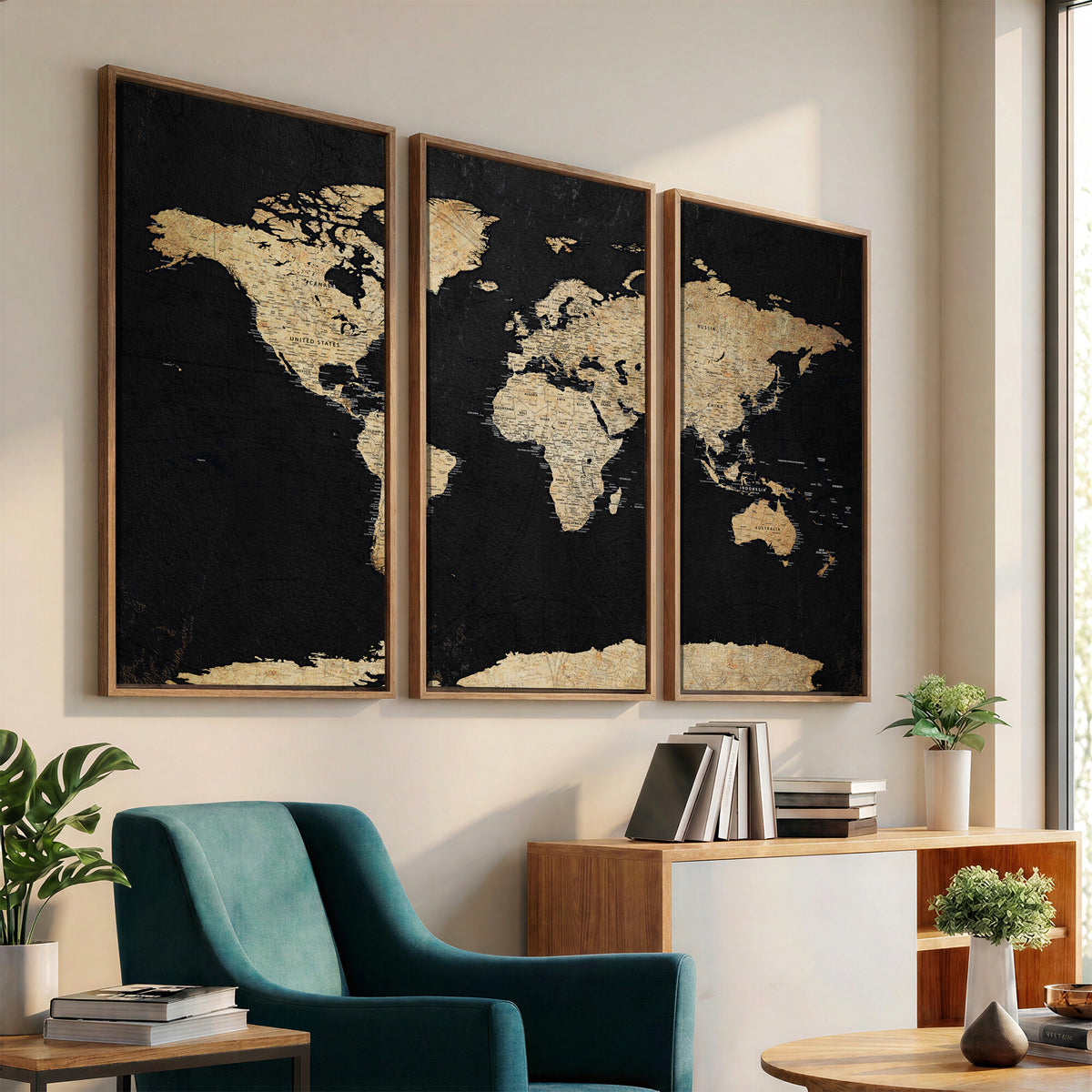 71518849-MGV-CV-36X24 - Beige World Map Canvas Wall Art Print, Minimal Black and