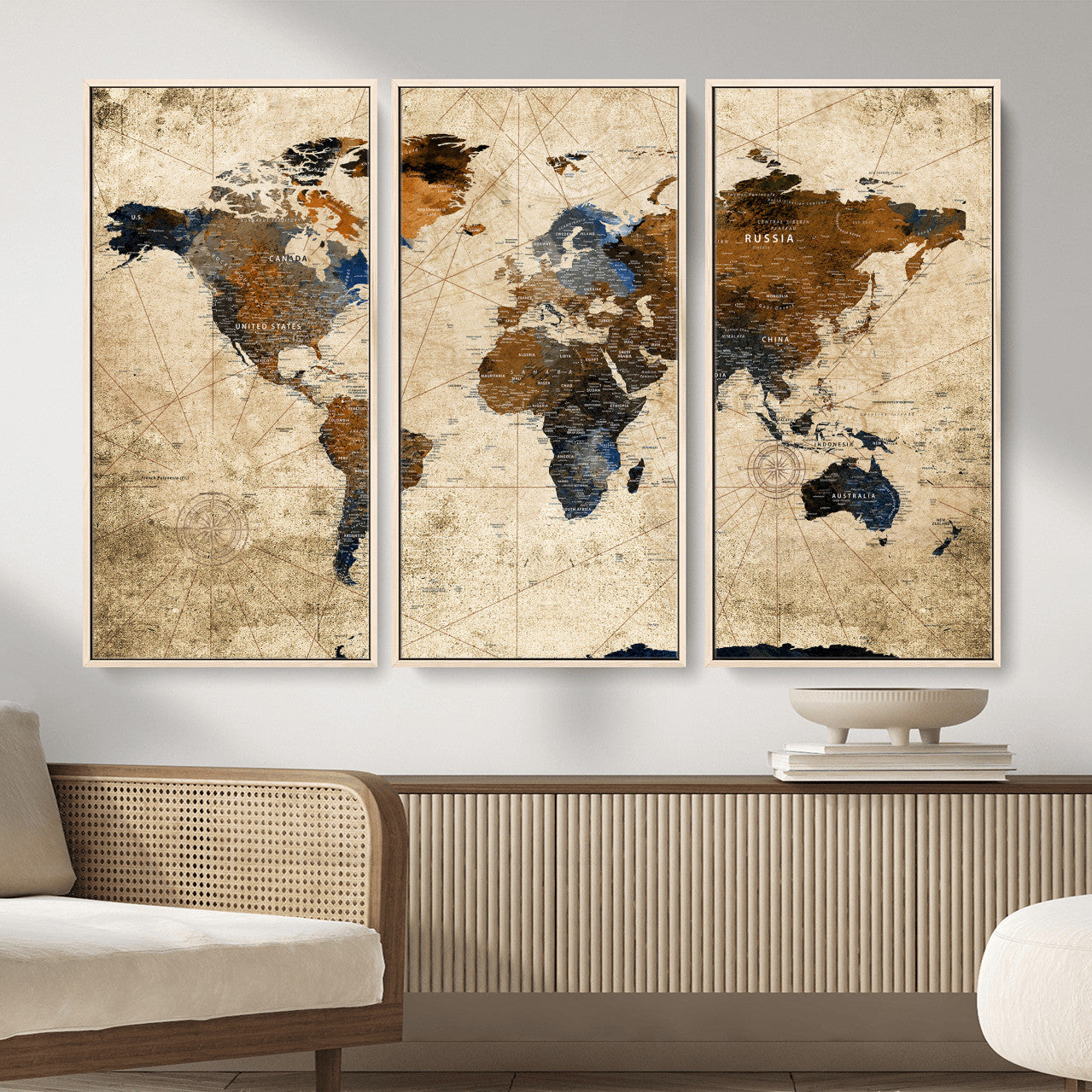27163414-MGV-CV-36X24 - World Map Wall Art – Rustic Earth Tone Canvas Print, Antique Travel Map Design for Living Room, Office or Study, Classic Adventure Decor