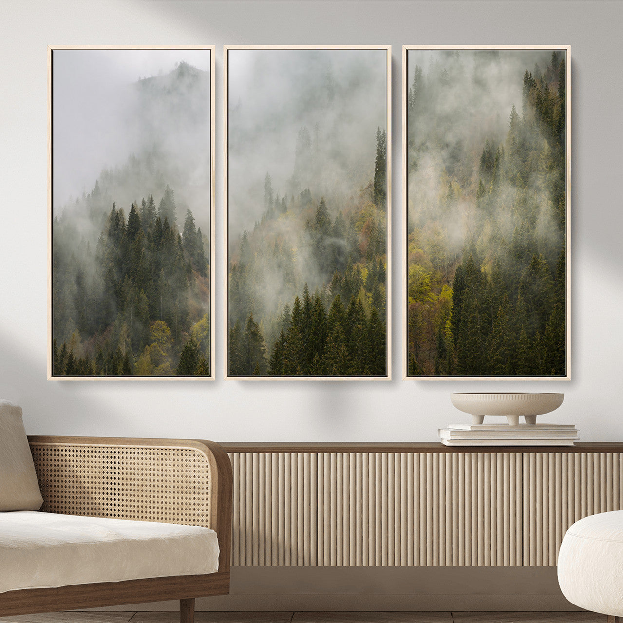 31152954-MGV-CV-36X24 - Misty Mountain Forest Canvas Print, Foggy Pine Trees Nature Wall Art, Framed Canvas Ready to Hang