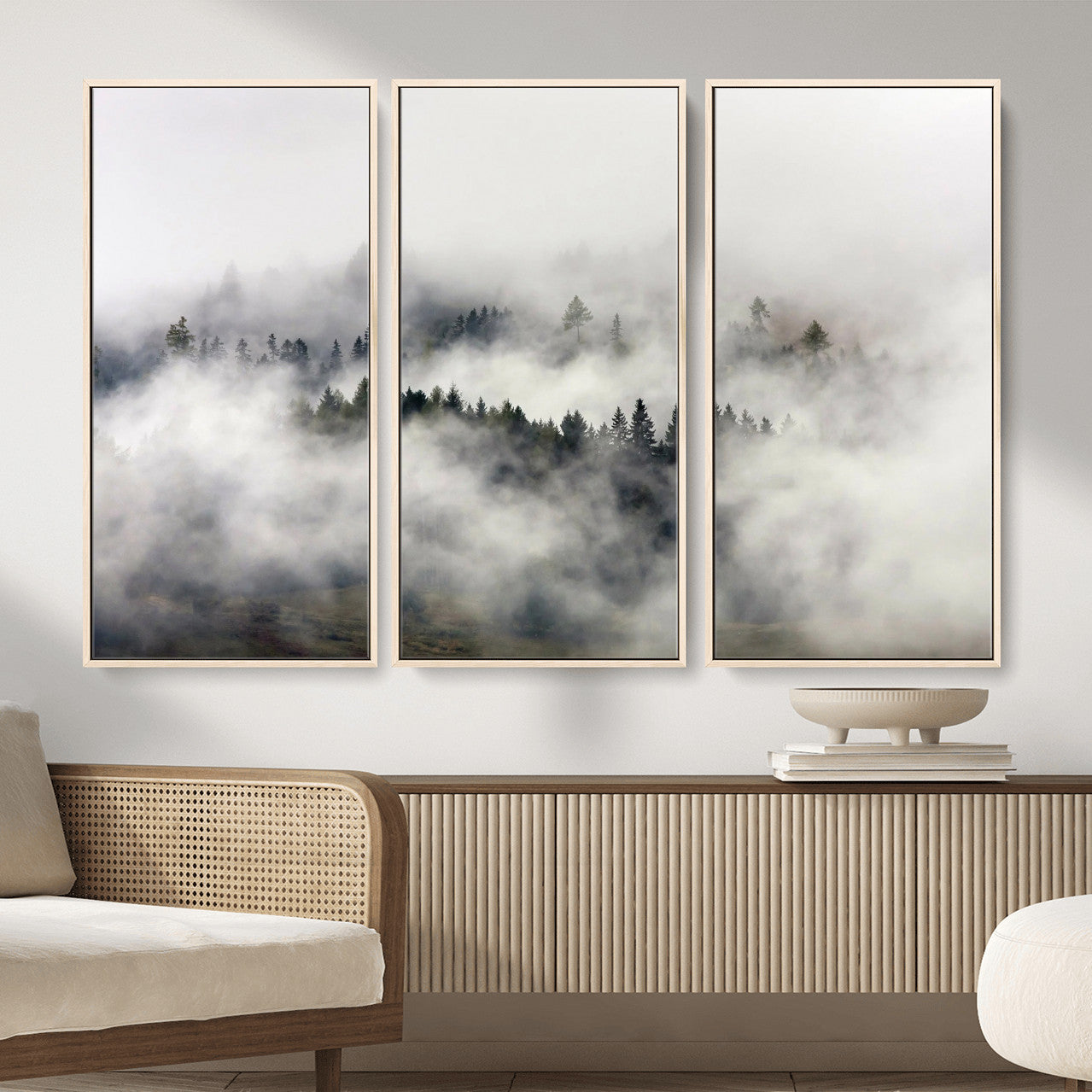 63235457-MGV-CV-36X24 - Foggy Forest Wall Art Canvas Print, Misty Pine Tree Landscape Wall Art Print, Framed Wall Art Ready to Hang