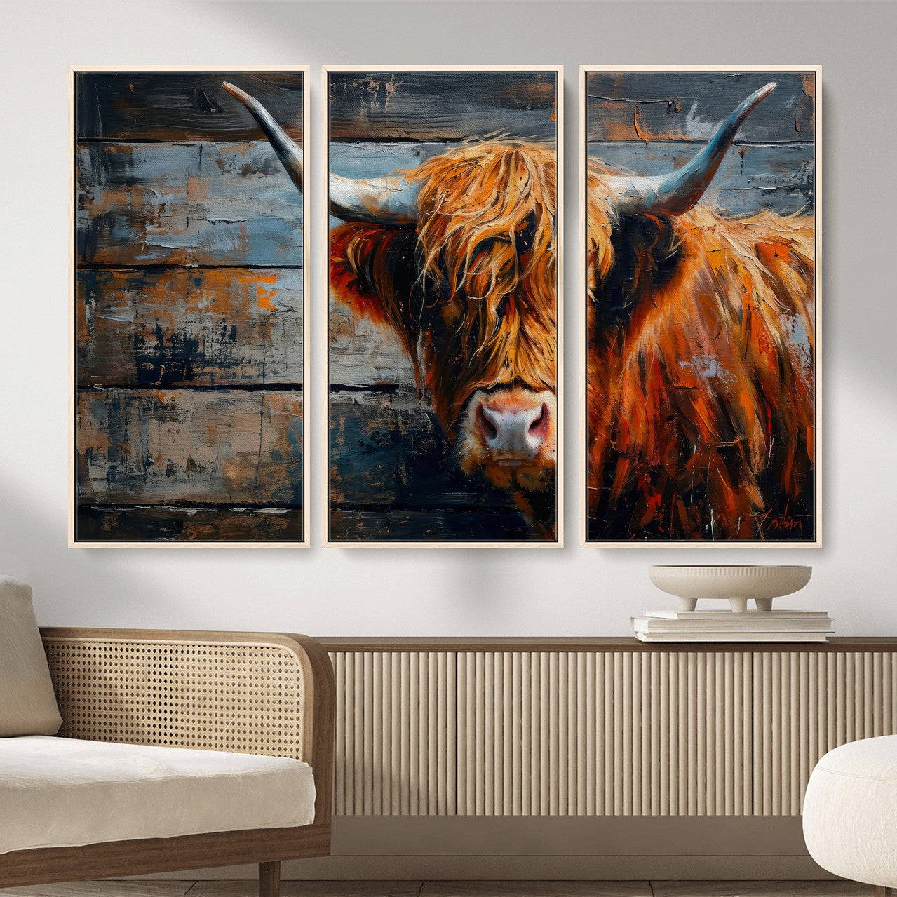 90271423-MGV-CV-36X24 - Highland Cow Wall Art Canvas Print, Abstract Rustic Farm Animal Wall Art Print, Framed Wall Art Ready to Hang