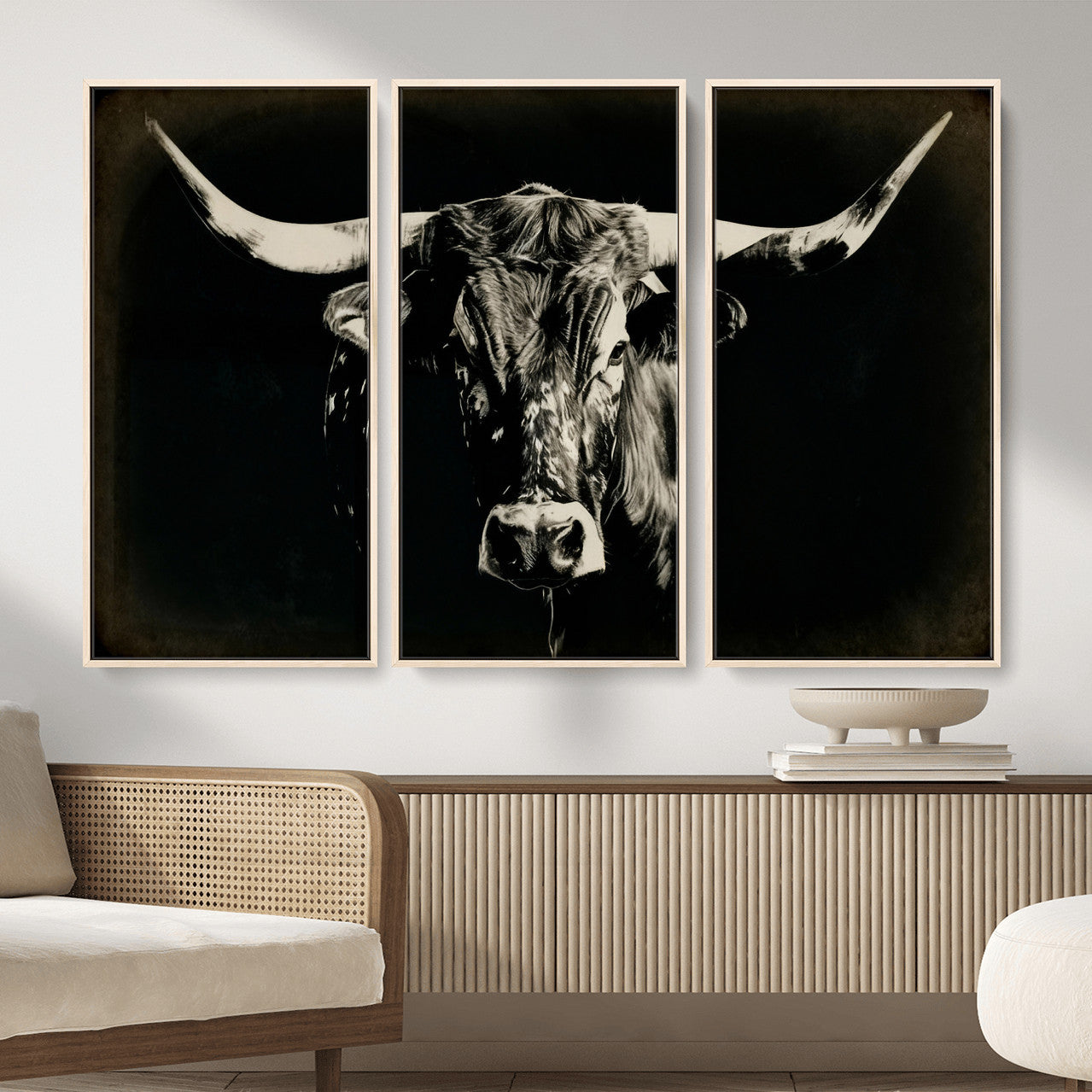91364114-MGV-CV-36X24 - Black Bull Wall Art Canvas Print, Texas Longhorn Portrait Print, Framed Wall Art Ready to Hang