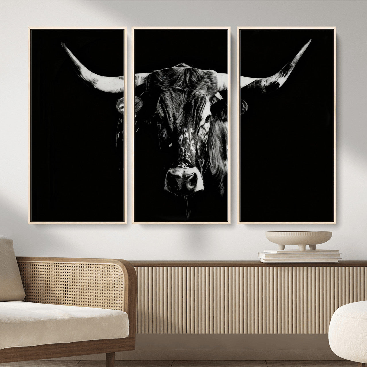 21436434-MGV-CV-36X24 - Black Bull Wall Art Canvas Print, Dark Longhorn Portrait Photography, Framed Wall Art Ready to Hang