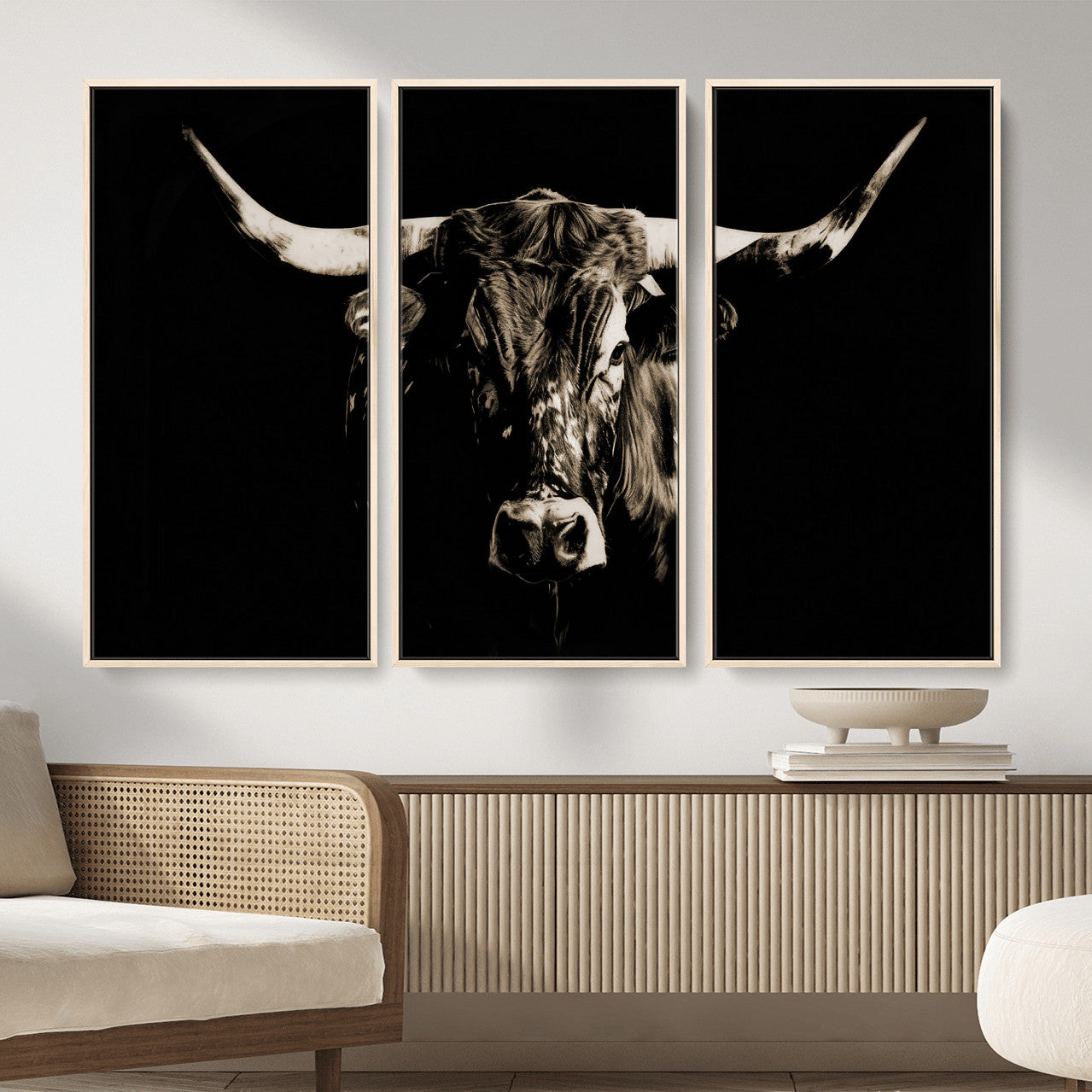 75774468-MGV-CV-36X24 - Black Bull Wall Art Canvas Print, Dark Longhorn Portrait Photography, Framed Wall Art Ready to Hang