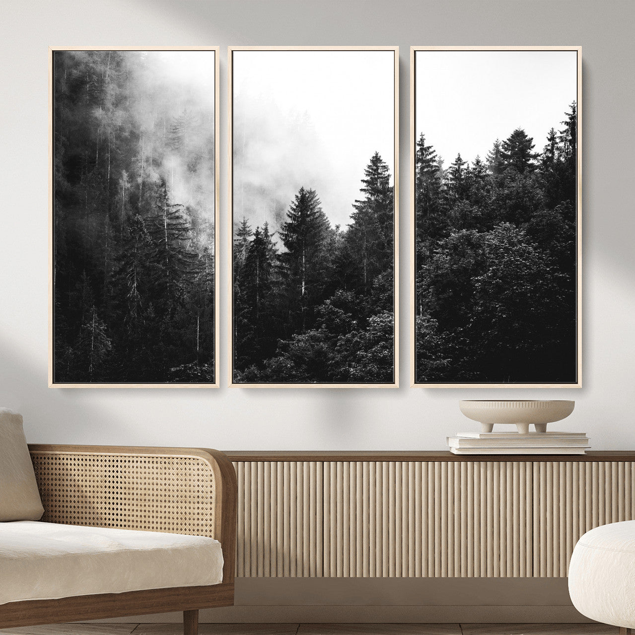 98764151-MGV-CV-36X24 - Black and White Forest Wall Art Canvas Print, Misty Pine Tree Landscape Photography, Framed Wall Art Ready to Hang