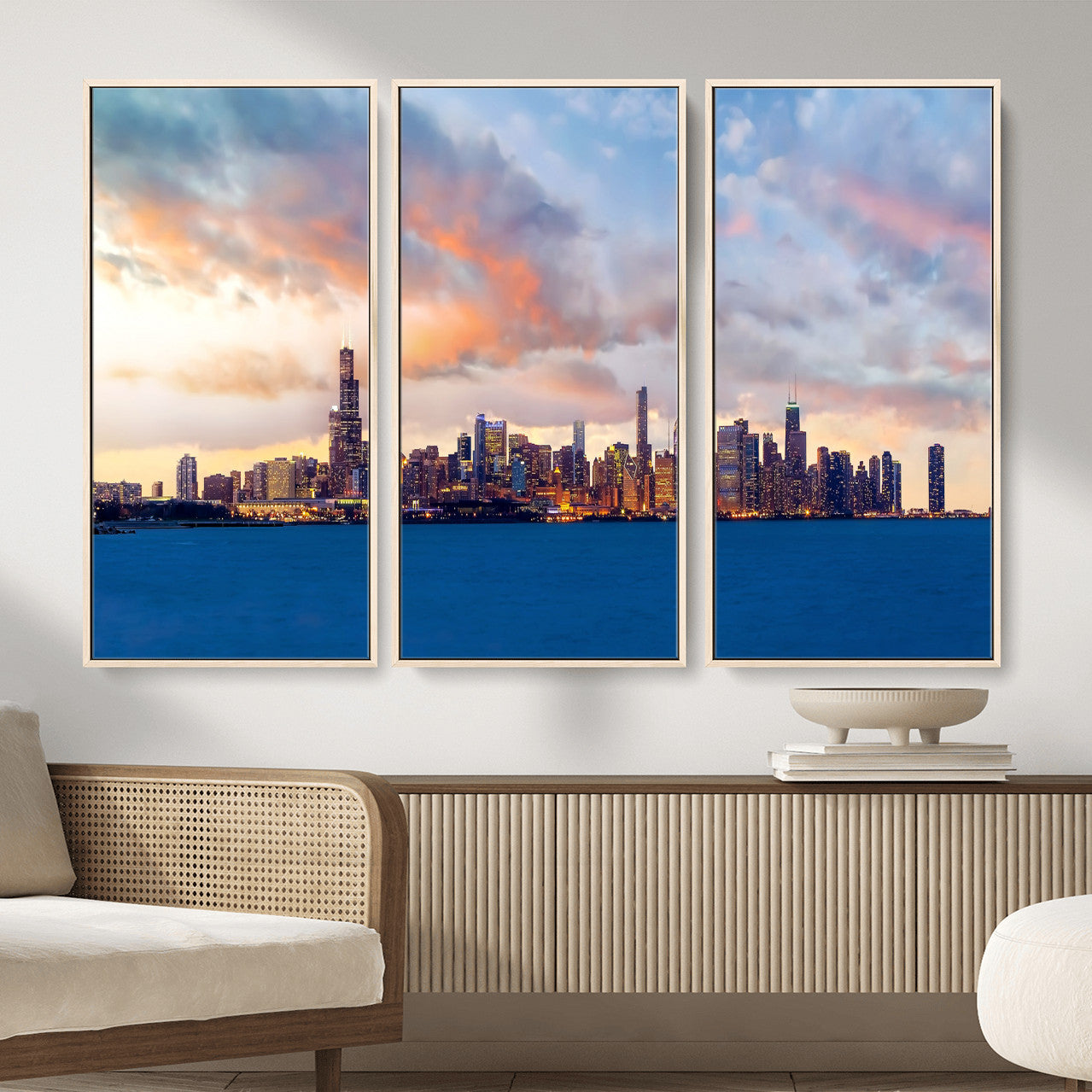 34667960-MGV-CV-36X24 - Chicago Wall Art Canvas Print, Chicago City Downtown Night Cityscape Print for Modern Urban Wall Decor
