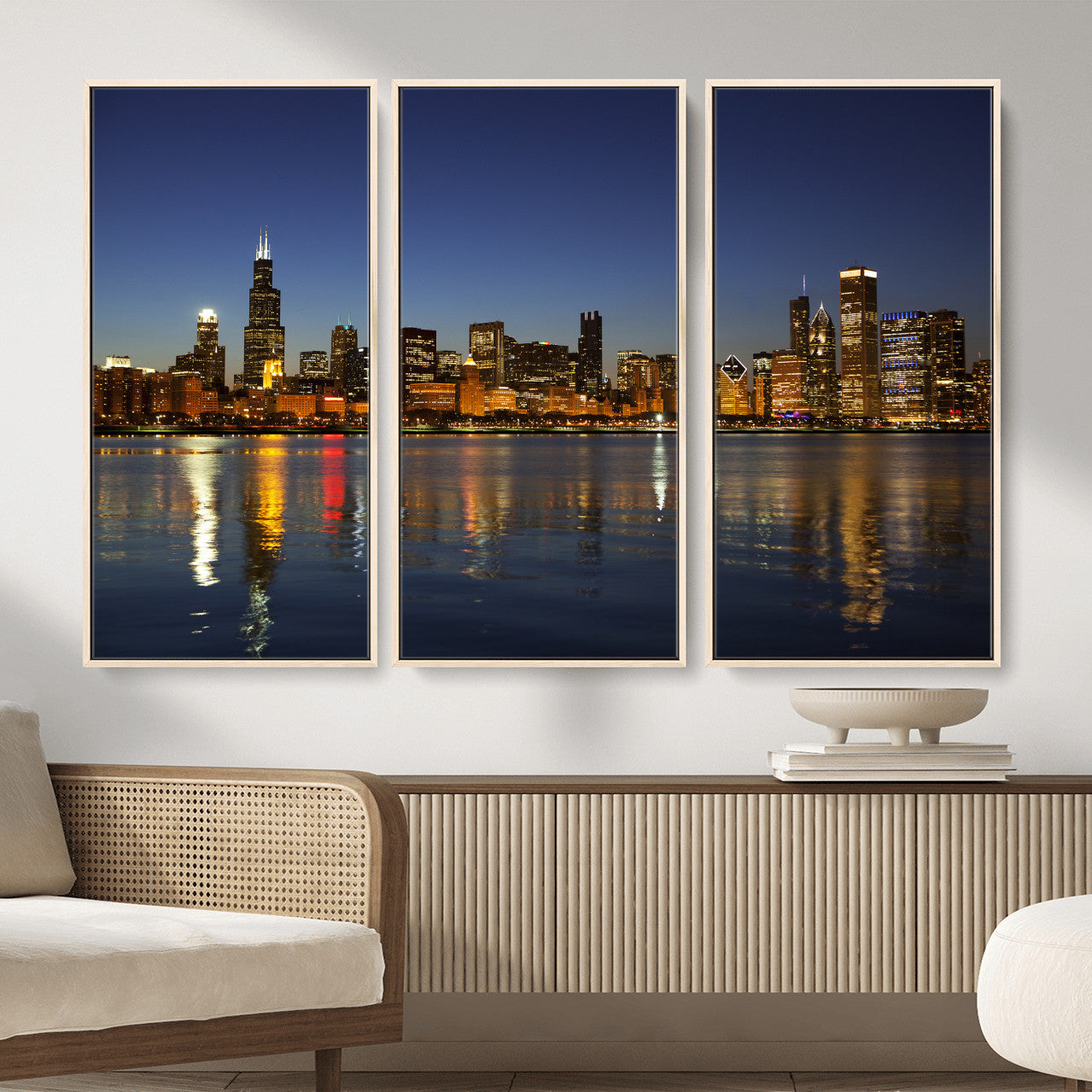 67308035-MGV-CV-36X24 - Chicago Wall Art Canvas Print, Chicago City Downtown Night Cityscape Print for Modern Urban Wall Decor
