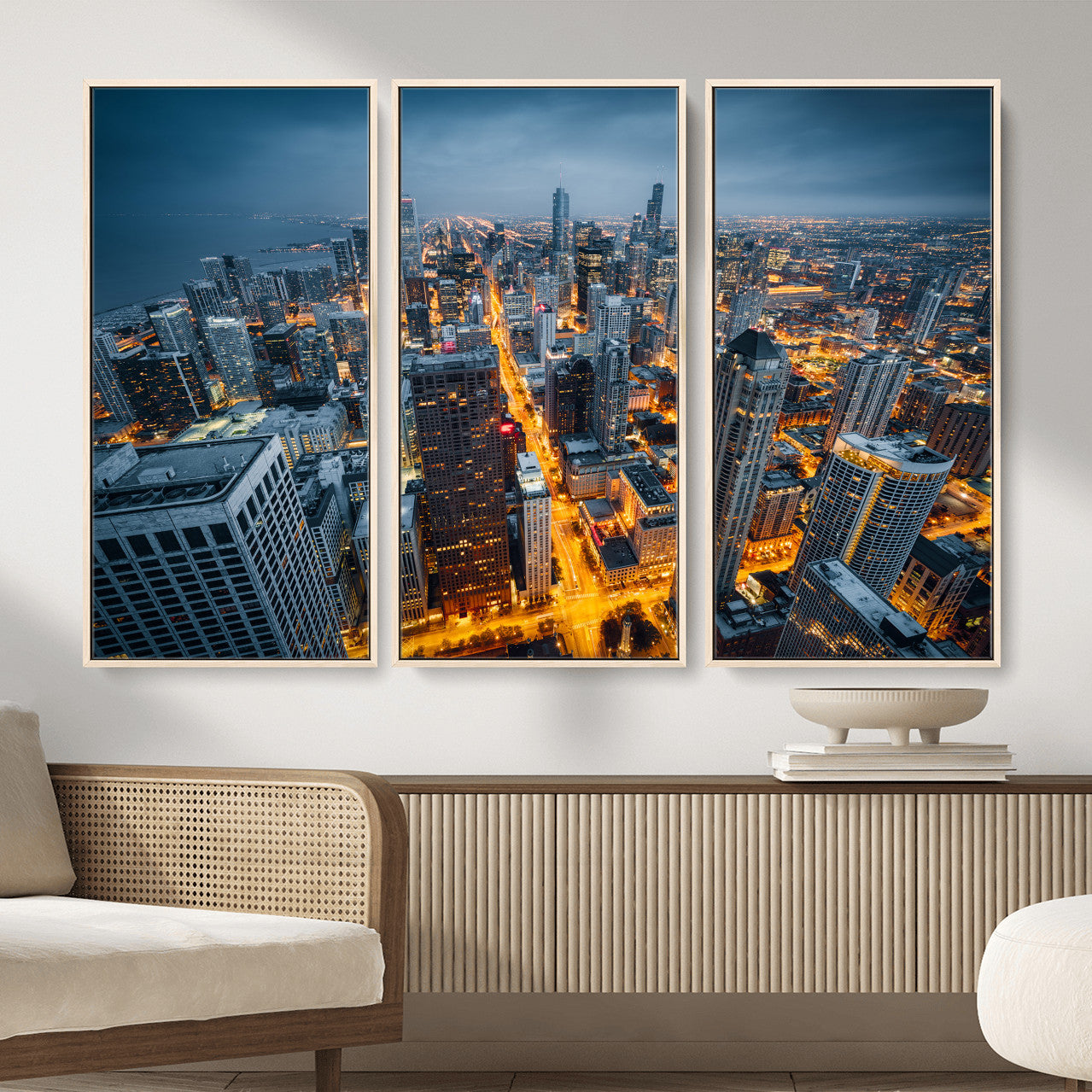 81742538-MGV-CV-36X24 - Chicago Wall Art Canvas Print, Chicago City Downtown Night Cityscape Print for Modern Urban Wall Decor