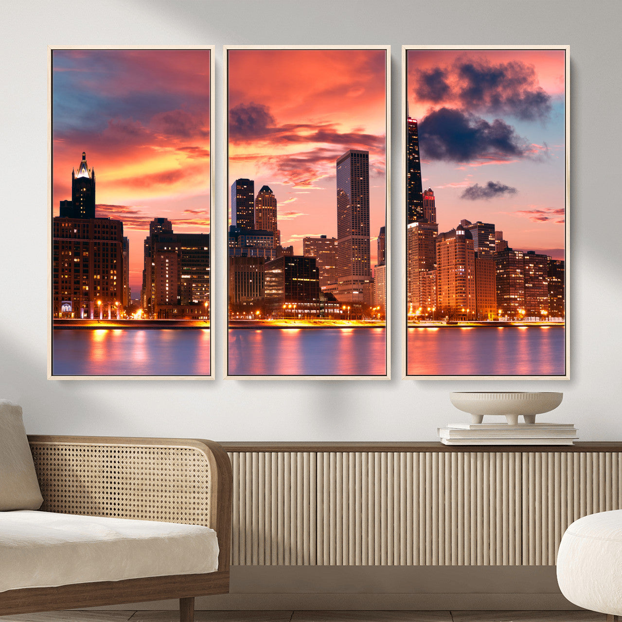 80390109-MGV-CV-36X24 - Chicago Wall Art Canvas Print, Chicago City Downtown Night Cityscape Print for Modern Urban Wall Decor