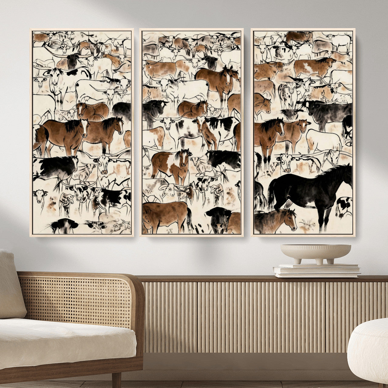 86150485-MGV-CV-36X24 - Farmhouse Animals Wall Art Canvas Print - Abstract Farm Animal Drawing Mid-Century Wall Art for Cabin Decor