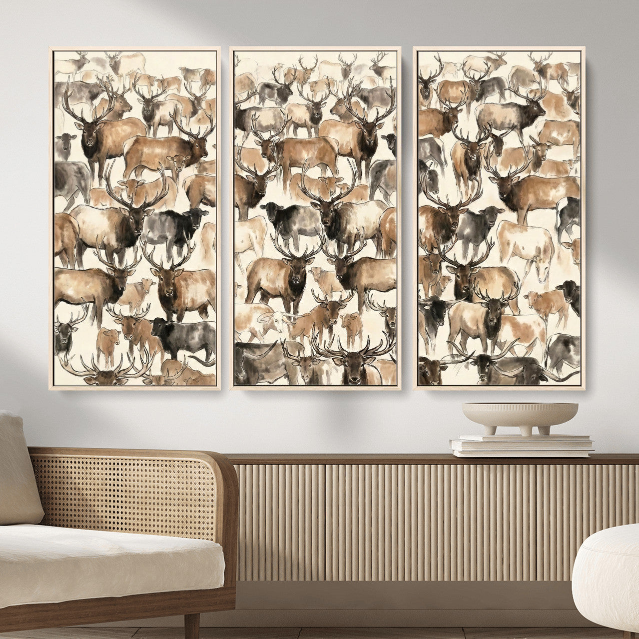 24374881-MGV-CV-36X24 - Farmhouse Animals Wall Art Canvas Print - Abstract Farm Animal Drawing Mid-Century Wall Art for Cabin Decor