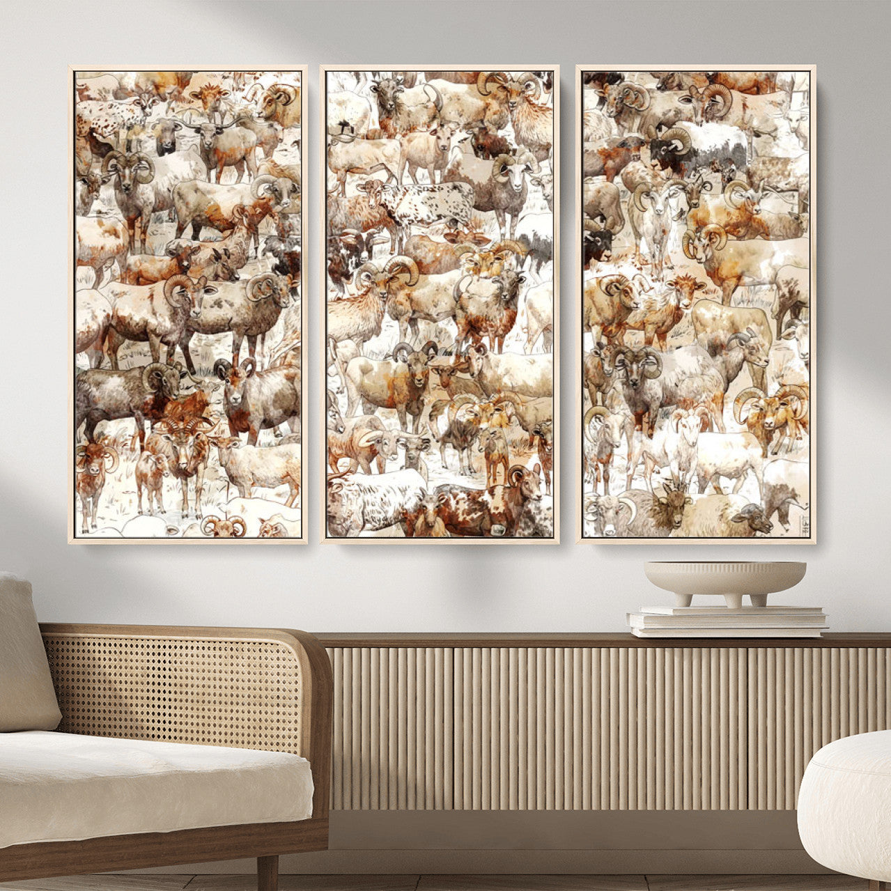 95103864-MGV-CV-36X24 - Farmhouse Animals Wall Art Canvas Print - Abstract Farm Animal Drawing Mid-Century Wall Art for Cabin Decor