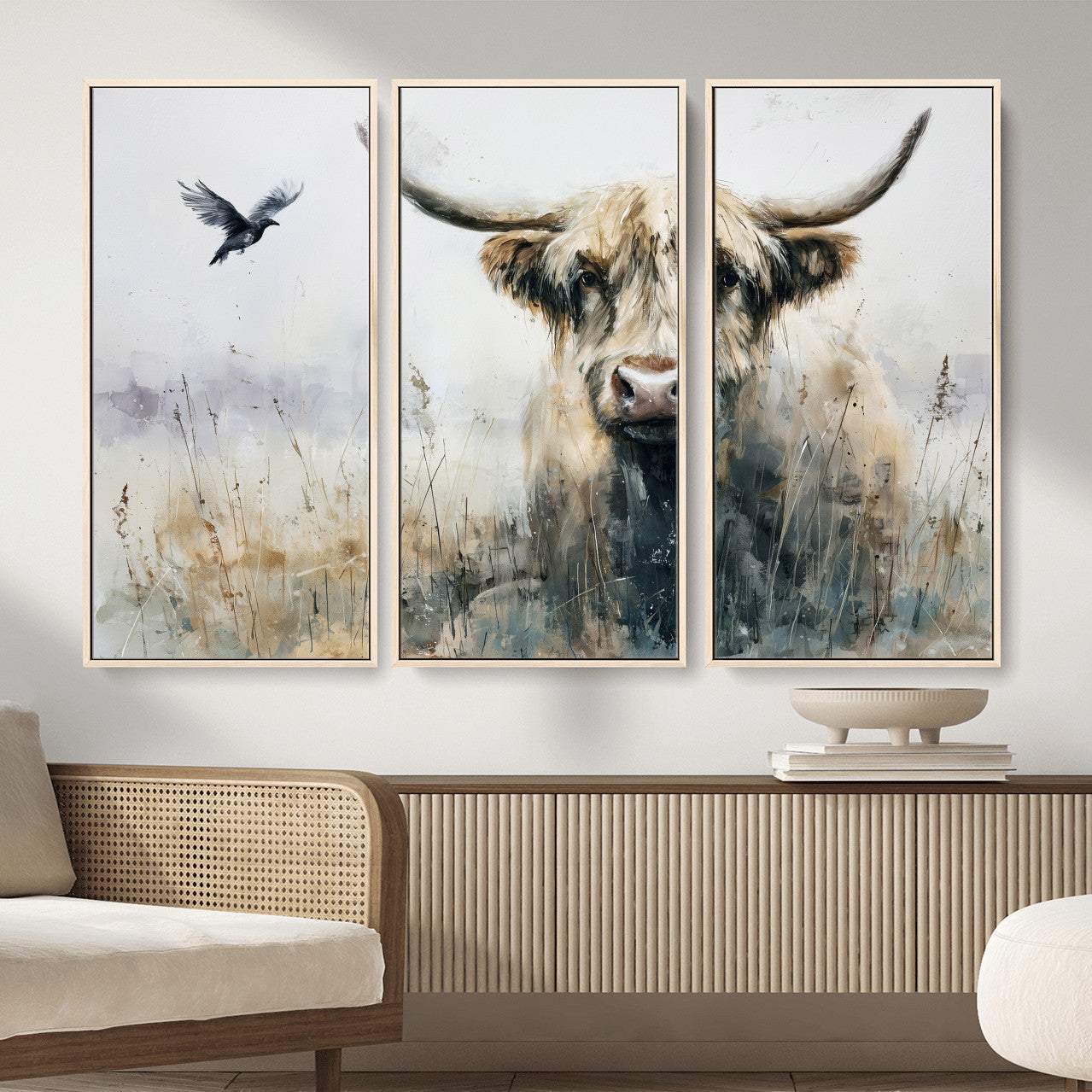 55652651-MGV-CV-36X24 - Abstract Highland Cow Watercolor Animal Wall Art Canvas Print, Rustic Farm Cattle Portrait Canvas Print, Neutral Wildlife Farmhouse Art Printing