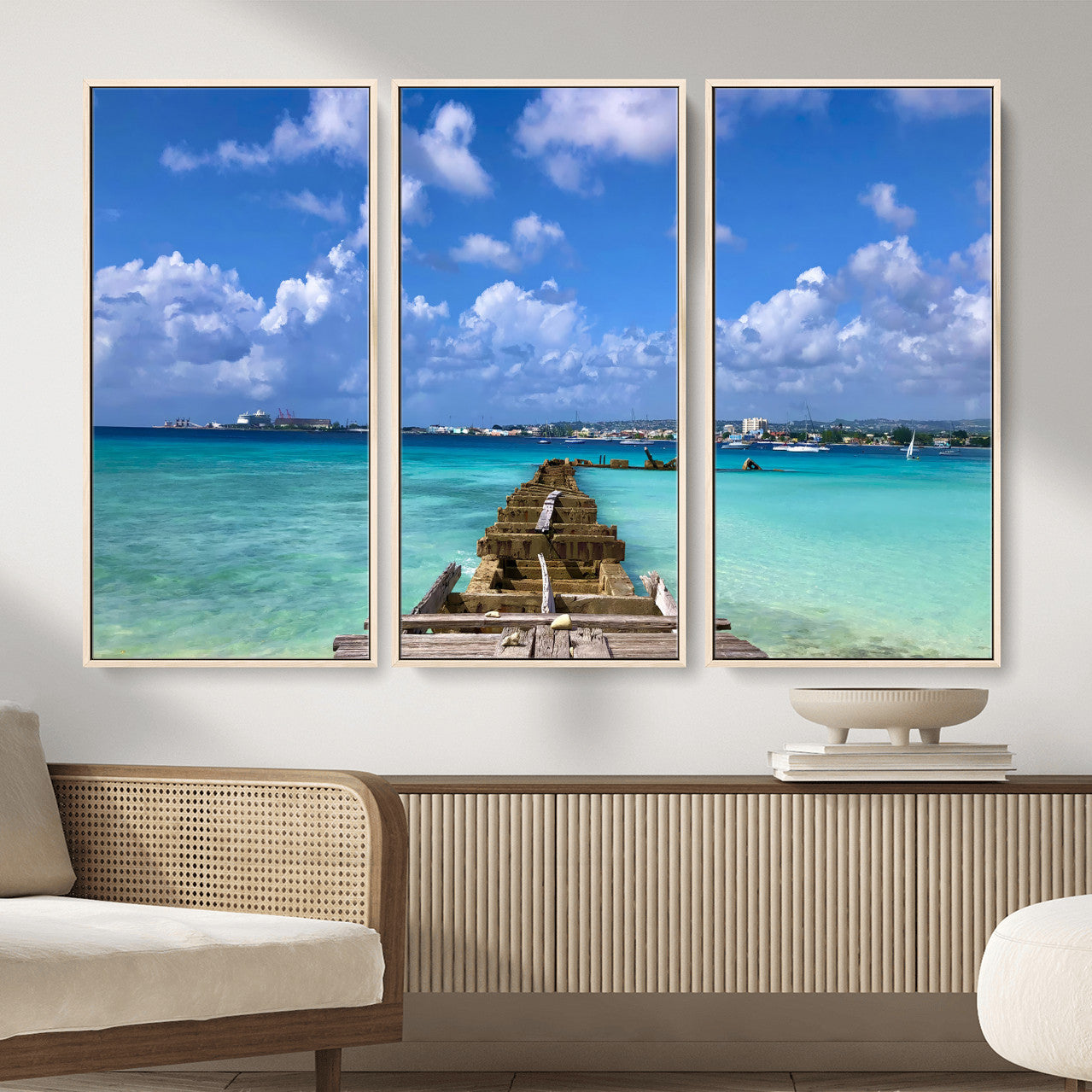 43165024-MGV-CV-36X24 - Caribbean Ocean Pier Seascape Wall Art Canvas Print, Turquoise Sea Tropical Harbor Canvas Print, Island Coastal Blue Water Scenic Art Printing