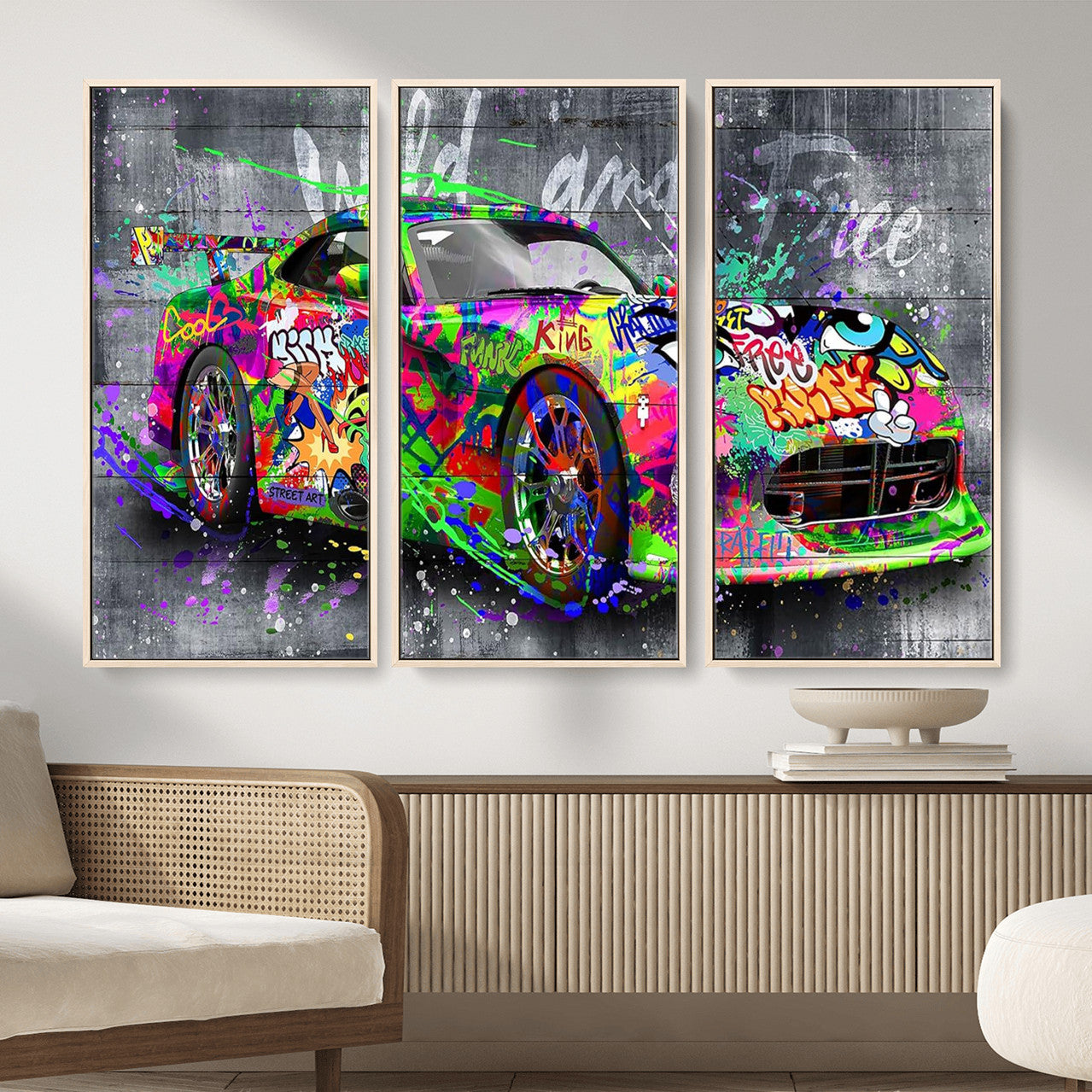 95314968-MGV-CV-36X24 - Graffiti Sports Car Street Art Wall Art Canvas Print, Colorful Urban Supercar Pop Art Canvas Print, Modern Graffiti Car Contemporary Art Printing