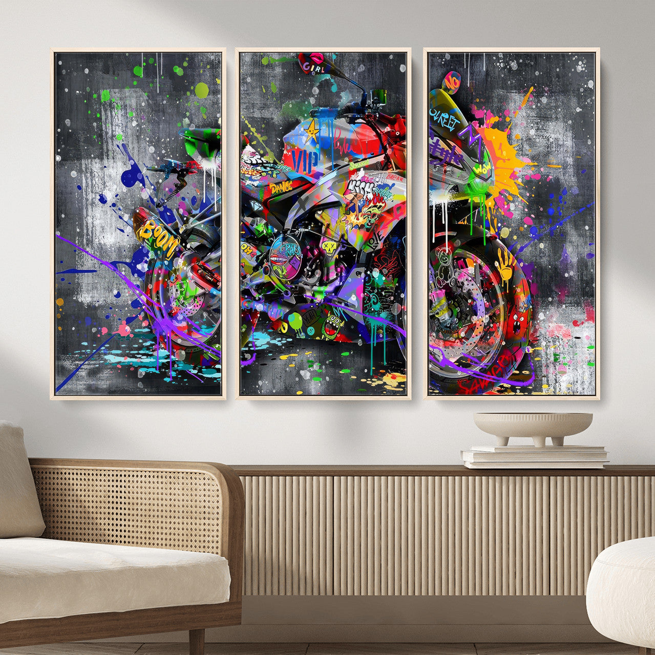 83021767-MGV-CV-36X24 - Graffiti Motorcycle Wall Art Canvas Print, Urban Street Art Motorbike Decor, Colorful Graffiti Sports Bike Artwork