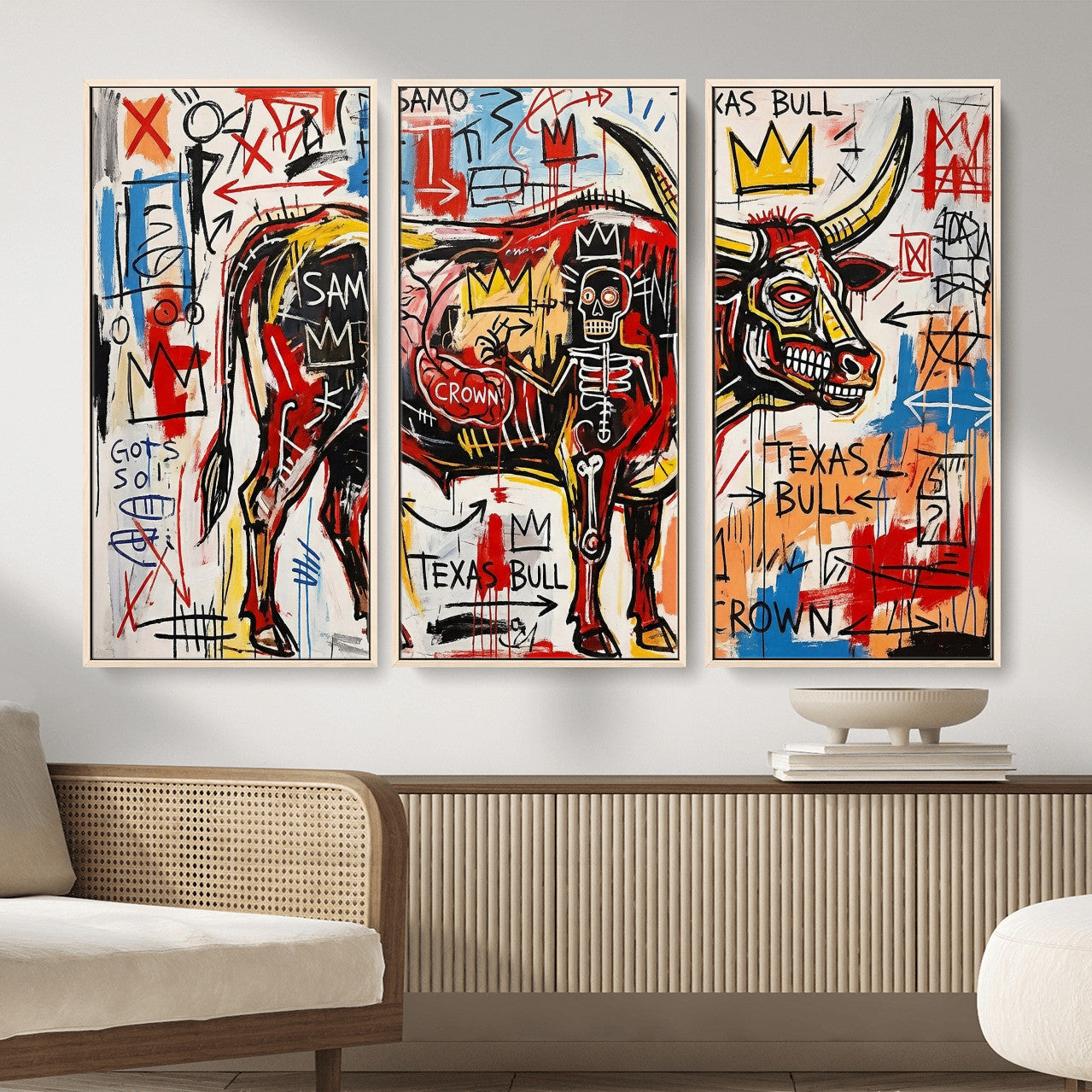 89504579-MGV-CV-36X24 - TITLE: Texas Bull Wall Art Canvas Print, Abstract Graffiti Bull Painting, Western Animal Art, Modern Ranch Decor