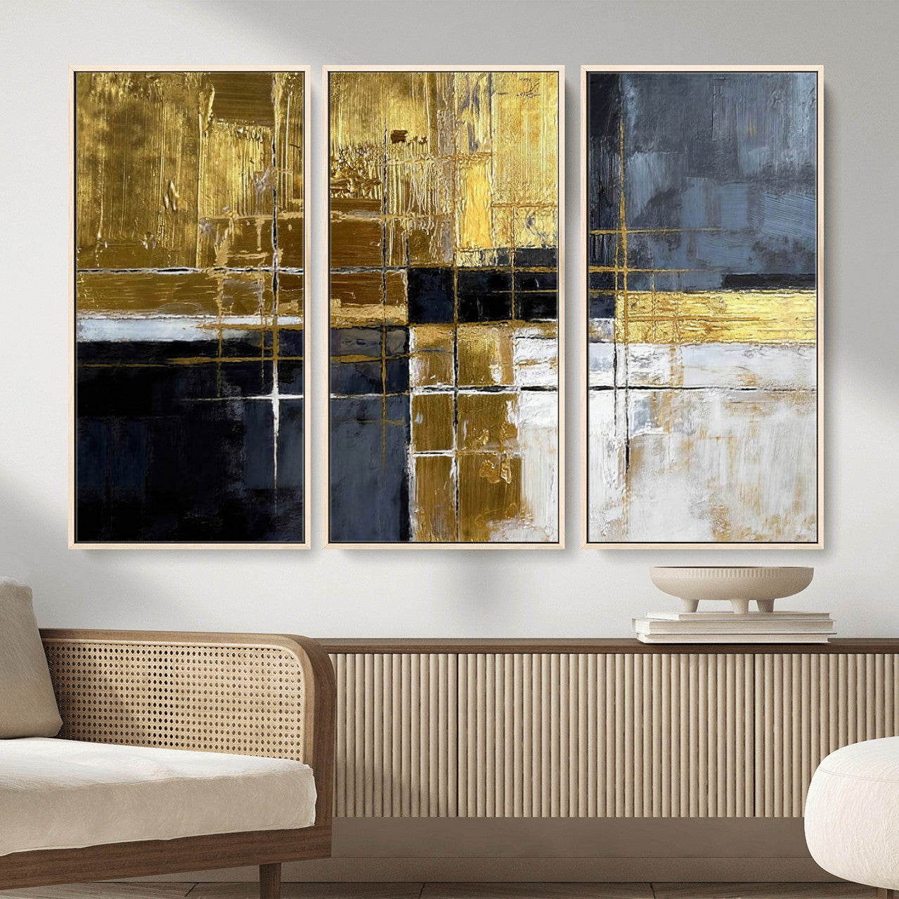 76917030-MGV-CV-36X24 - Gold Navy Abstract Wall Art Canvas Print, Modern Luxury Geometric Painting Wall Decor for Living Room and Office