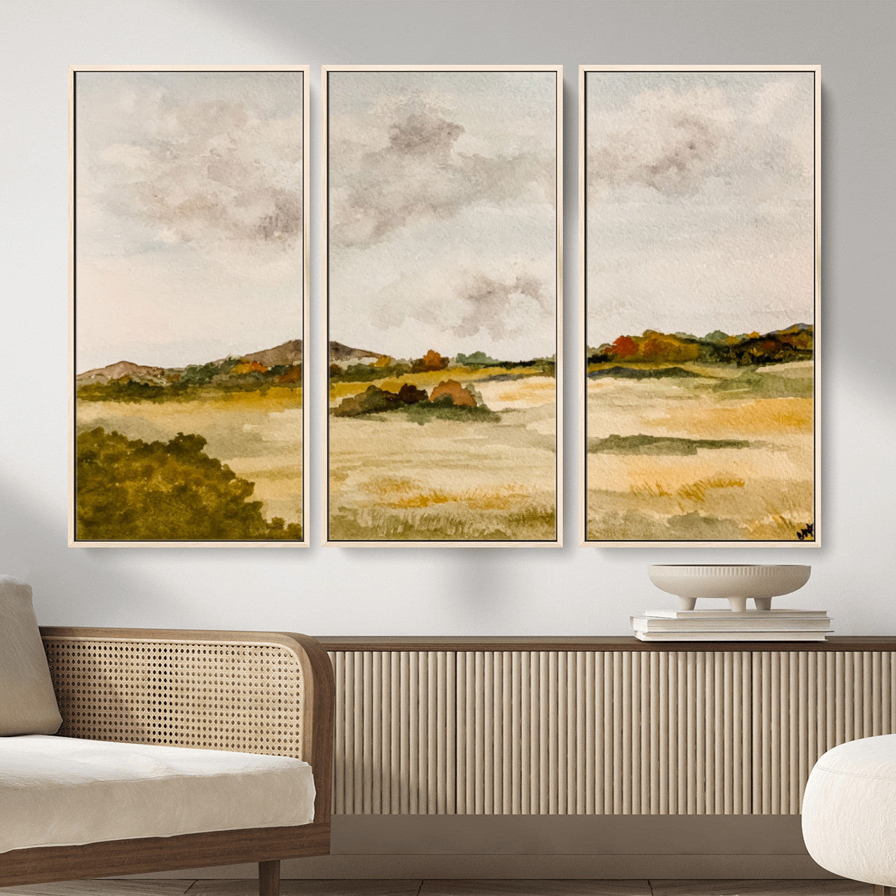 94151004-MGV-CV-36X24 - Watercolor Abstract Countryside Wall Art Canvas Print, Neutral Pastoral Landscape Painting Wall Decor for Modern Farmhouse Interiors