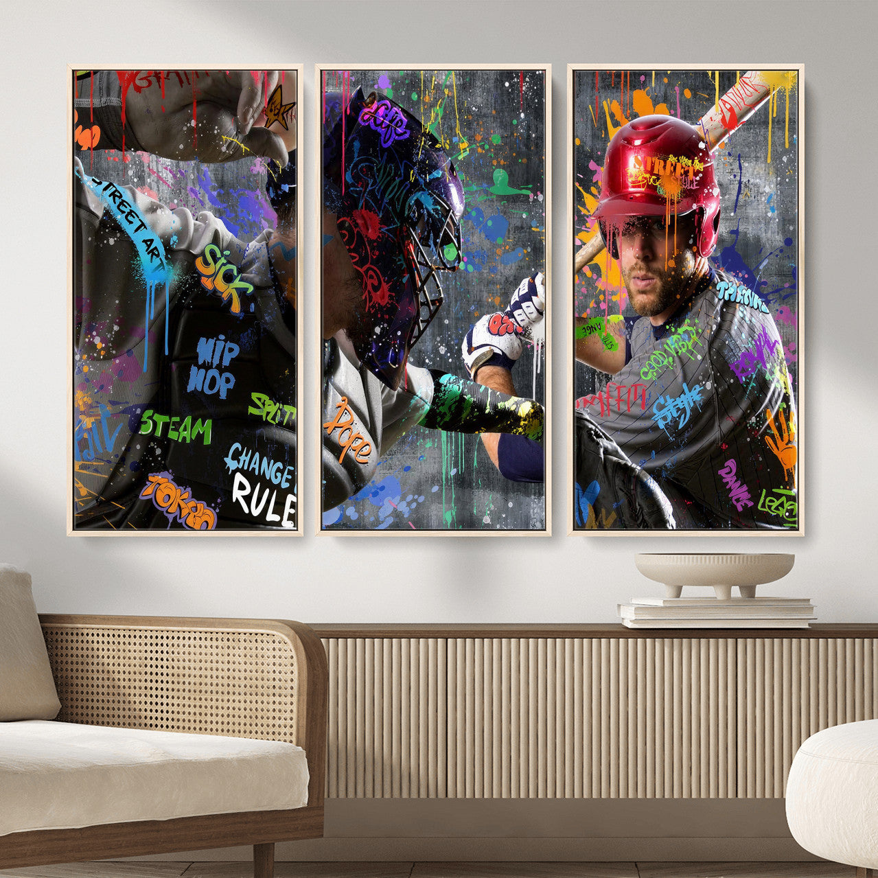 19634994-MGV-CV-36X24 - Graffiti Baseball Player Street Art Wall Art Canvas Print, Urban Sports Pop Art Baseball Canvas Print, Modern Athletic Graffiti Contemporary Art Printing