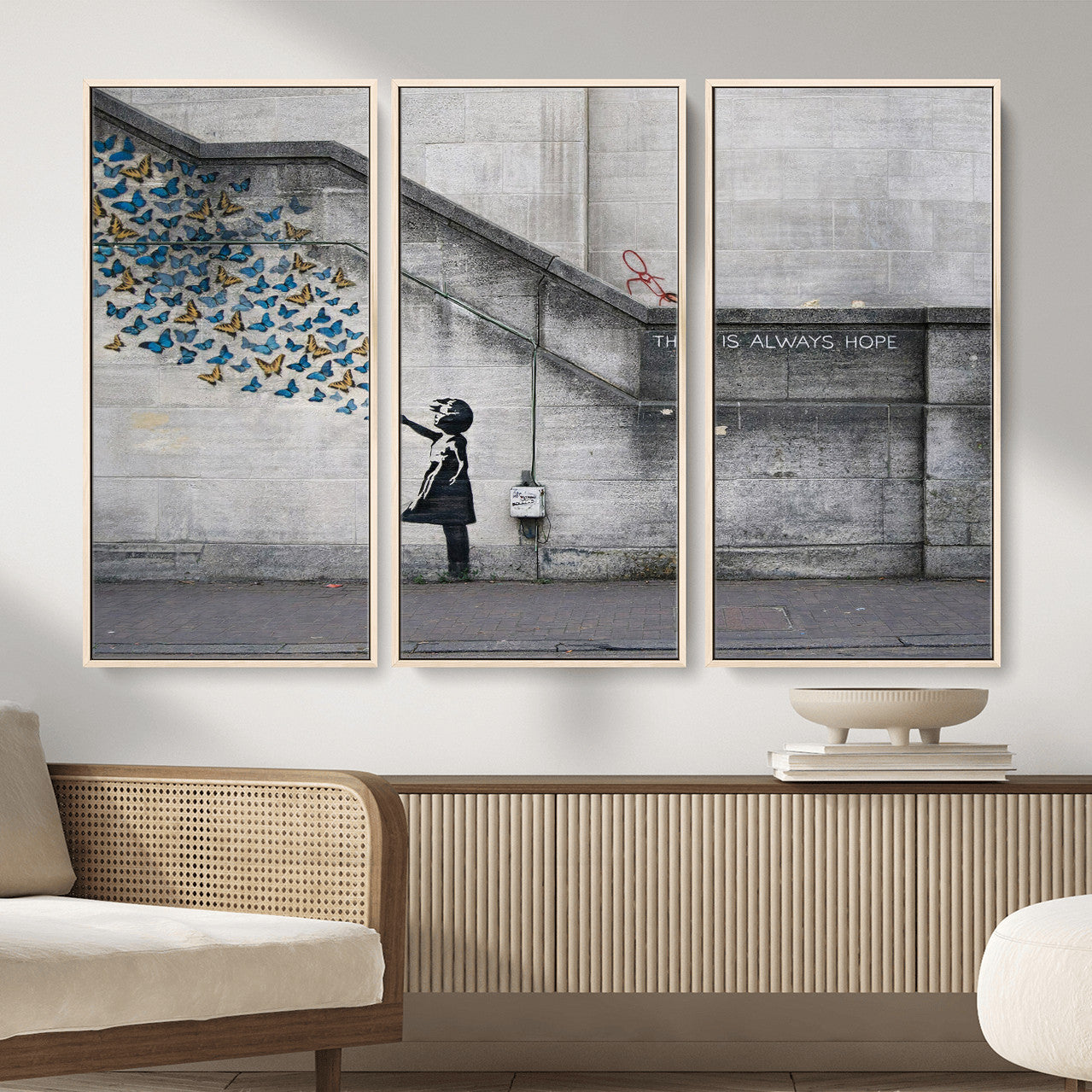 15274223-MGV-CV-36X24 - Banksy Girl with Butterflies Street Art Wall Art Canvas Print, Hope Graffiti Urban Art Canvas Print, Minimalist Inspirational Street Art Contemporary Art Printing
