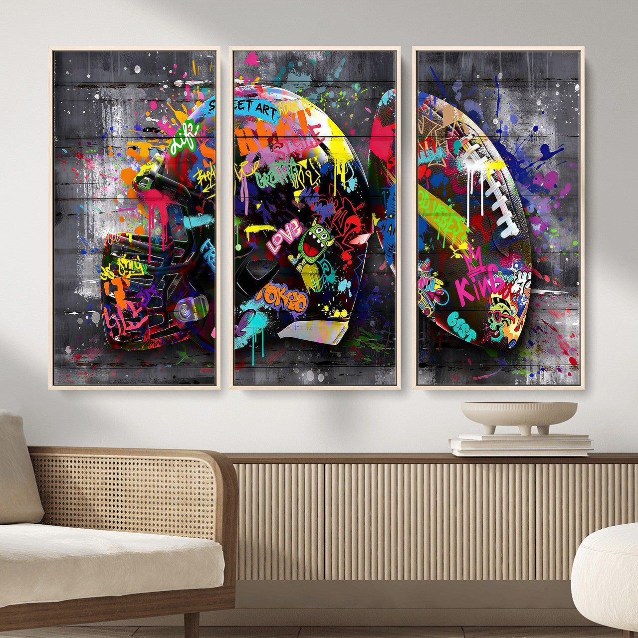 80540773-MGV-CV-36X24 - Graffiti American Football Helmet Street Art Wall Art Canvas Print, Urban Sports Pop Art Football Canvas Print, Colorful Graffiti Sports Contemporary Art Printing