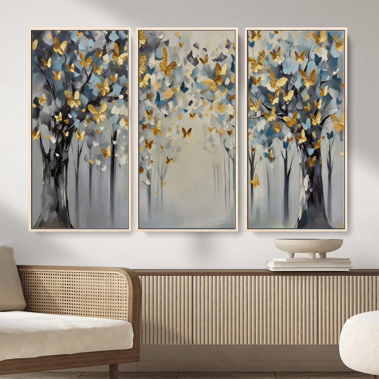 79208191-MGV-CV-36X24 - Golden Butterfly Tree Abstract Wall Art Canvas Print, Modern Elegant Nature Painting Canvas Print, Blue Gold Contemporary Floral Art Printing