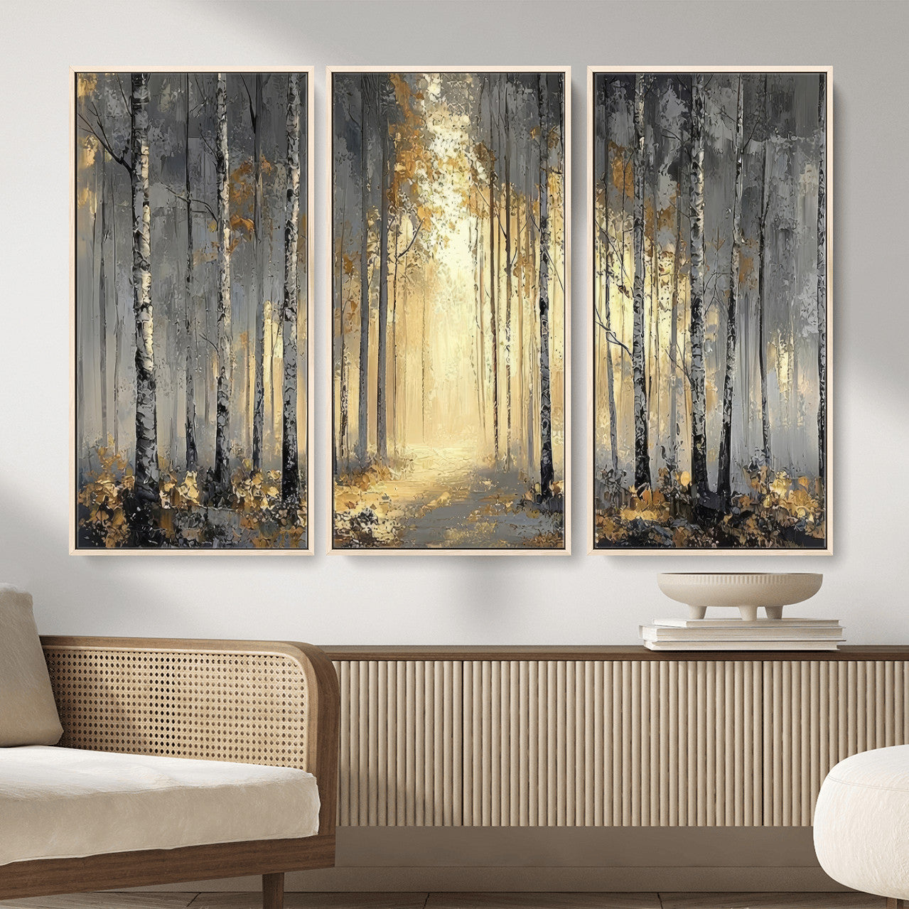 41017042-MGV-CV-36X24 - Abstract Birch Forest Wall Art Canvas Print – Modern Neutral Woodland Landscape Artwork for Living Room Decor