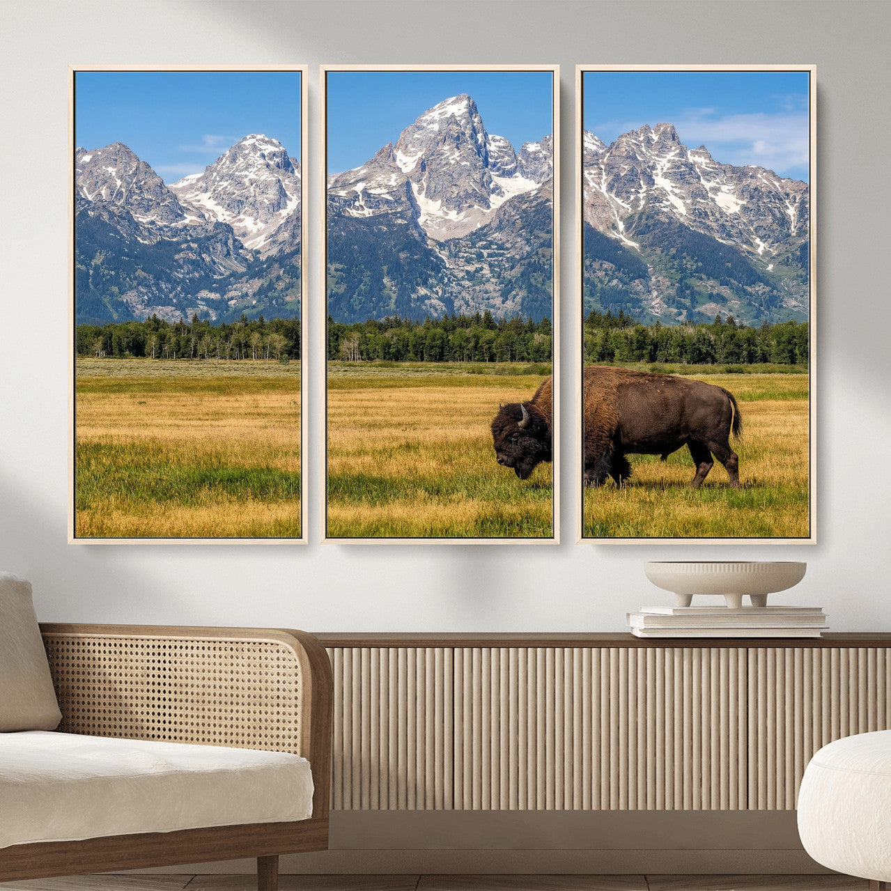 20424529-MGV-CV-36X24 - Bison in Mountain Landscape Wall Art Canvas Print – Western Wildlife Artwork for Rustic Living Room Decor