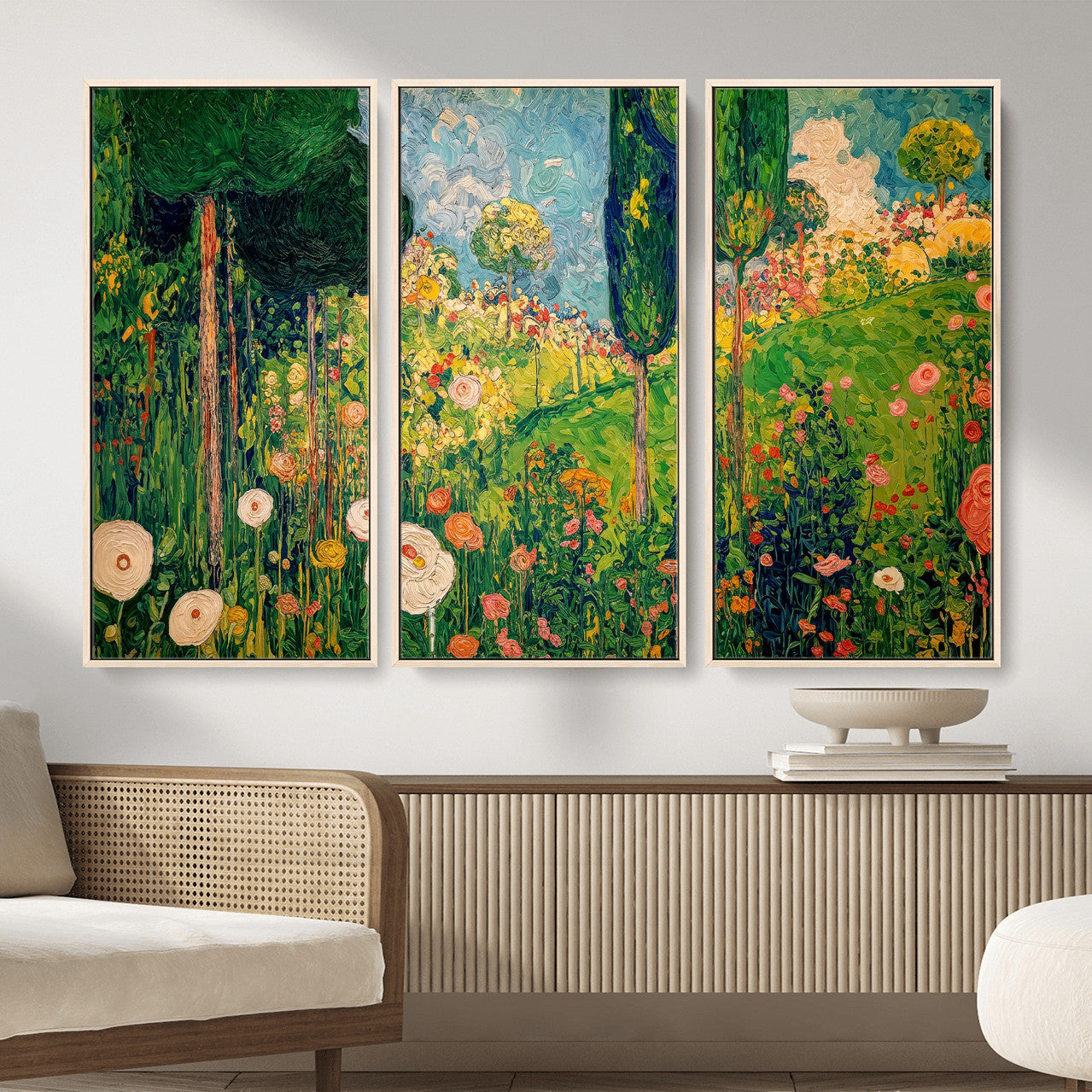 83517974-MGV-CV-36X24 - Gustav Klimt Boho Mountain Landscape Large Wall Art, Horizontal Gold Framed Canvas Print with Sun and Flowers