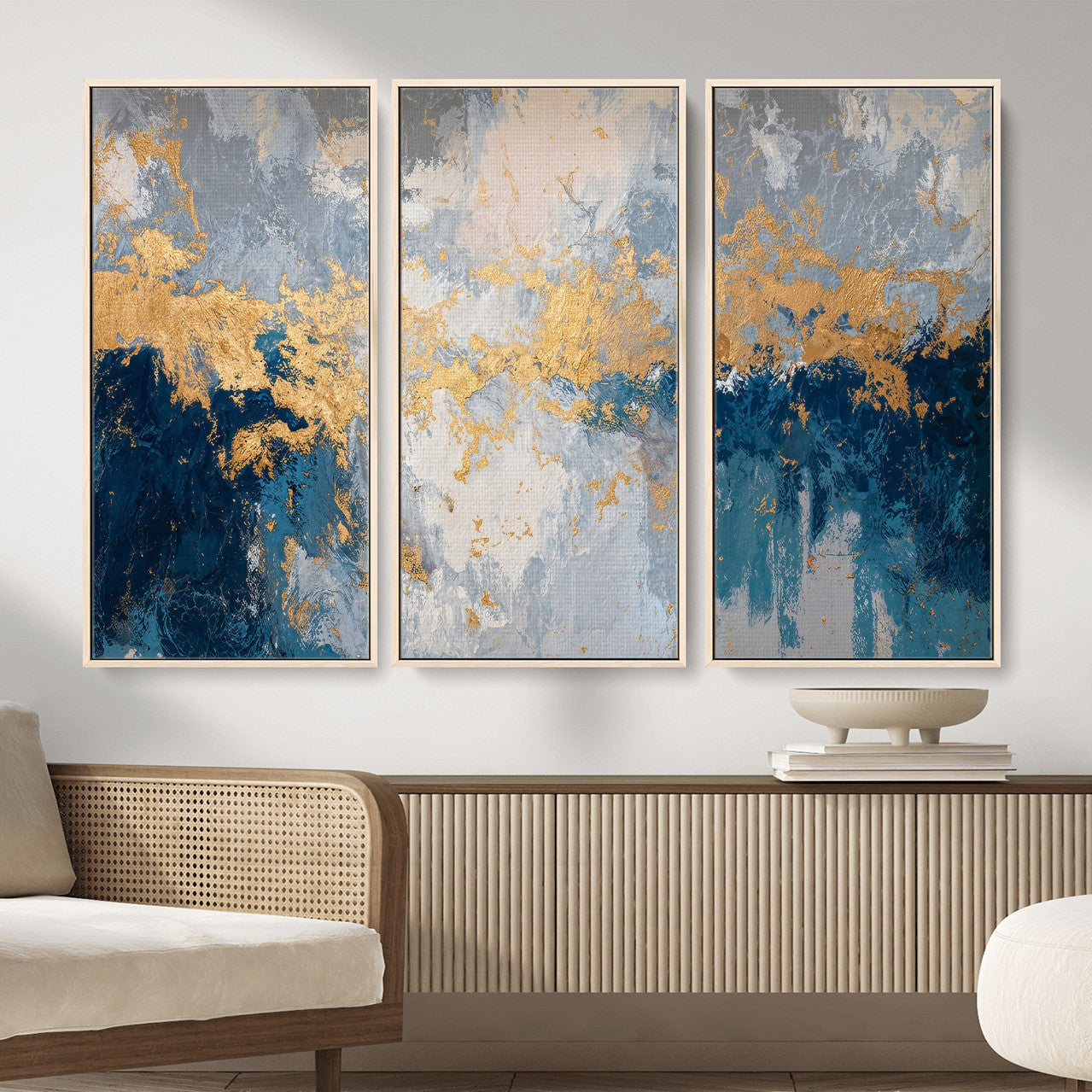 65386119-MGV-CV-36X24 - Blue Gold Abstract Large Framed Canvas Wall Art, Modern Luxury Painting Print in Horizontal Oversized Minimal Wall Decor Artwork