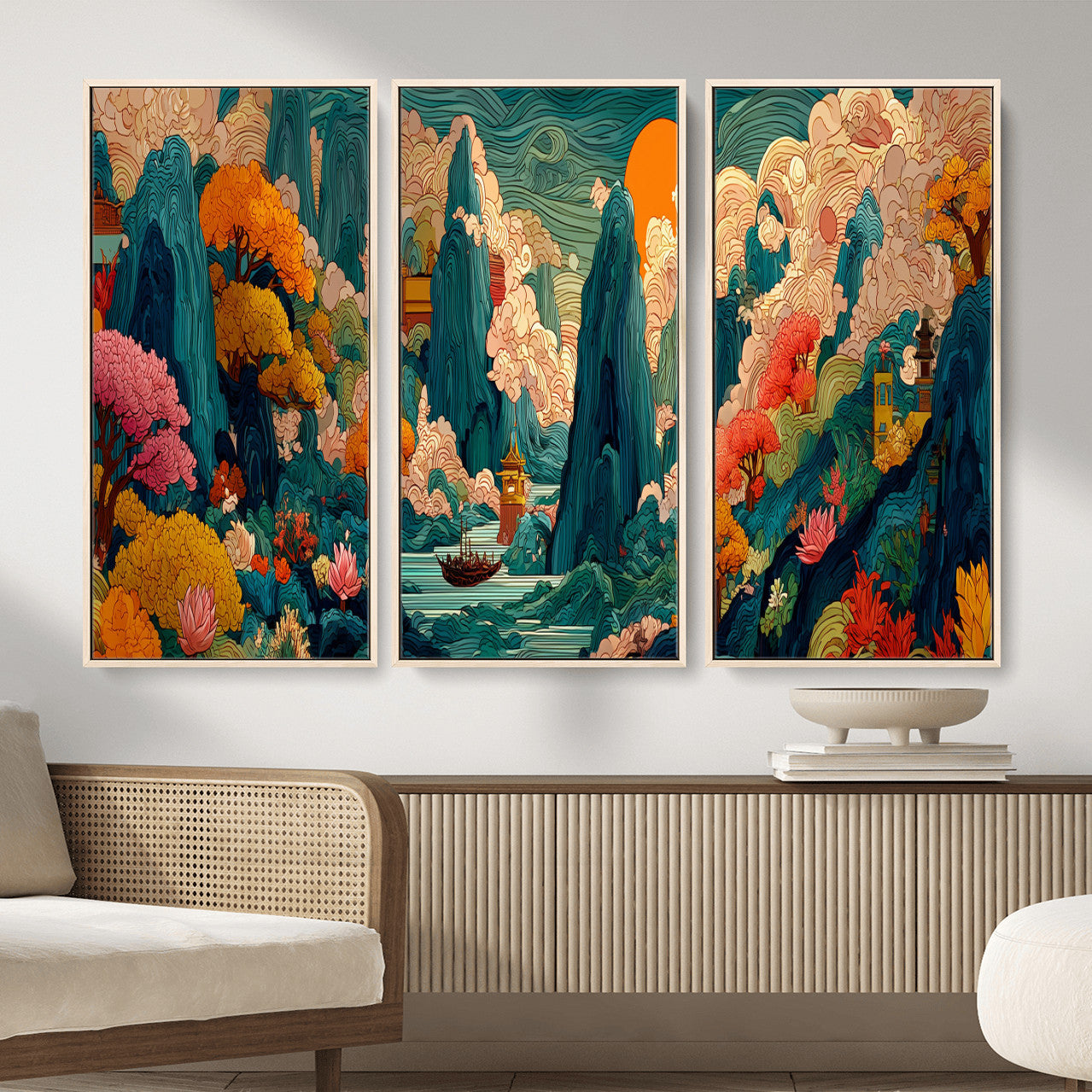 90422518-MGV-CV-48X32-3P - Colorful Japanese Landscape Print: Maximalist Panoramic Wall Art