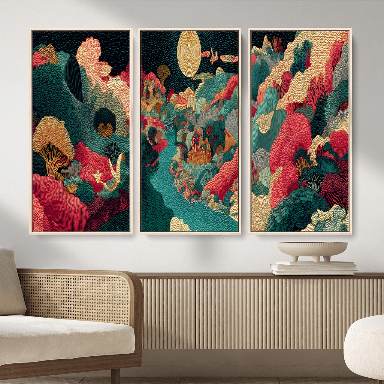 36816259-MGV-CV-48X32-3P - Colorful Japanese Landscape Print: Maximalist Panoramic Wall Art