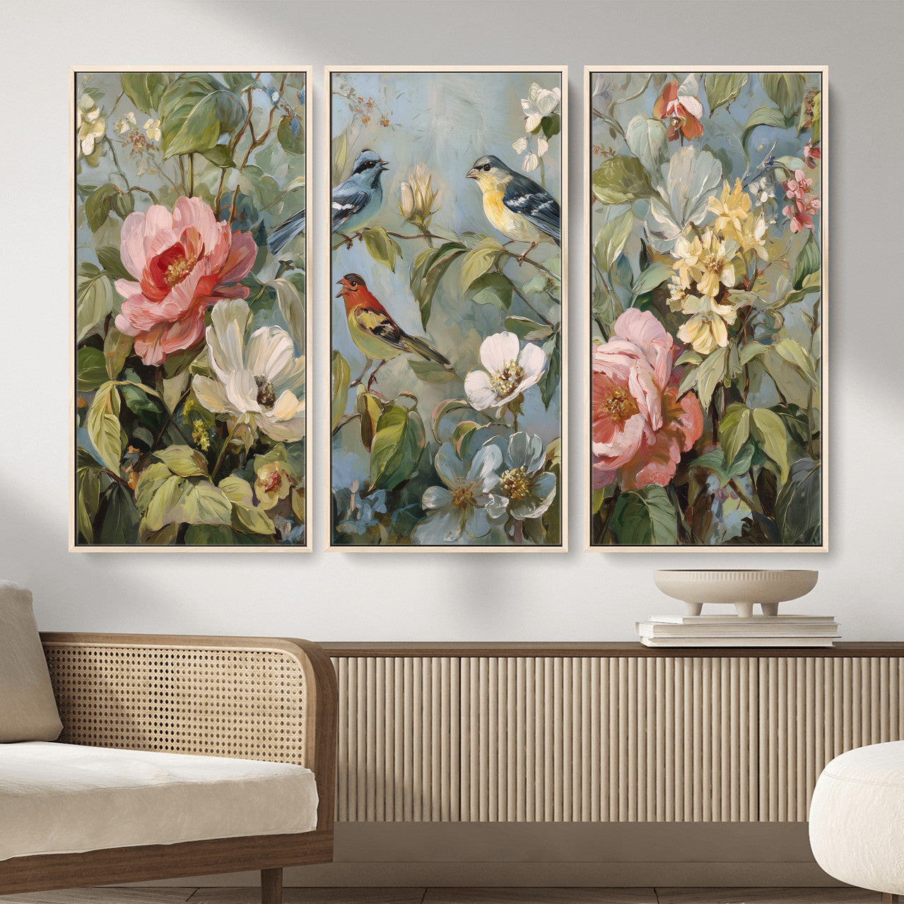 55440837-MGV-CV-36X24 - Vintage Birds and Flowers Wall Art Canvas Print, Botanical Bird Painting Canvas Print, Floral Garden Bird Artwork Canvas Print, Classic Bird Flower Painting Canvas Print